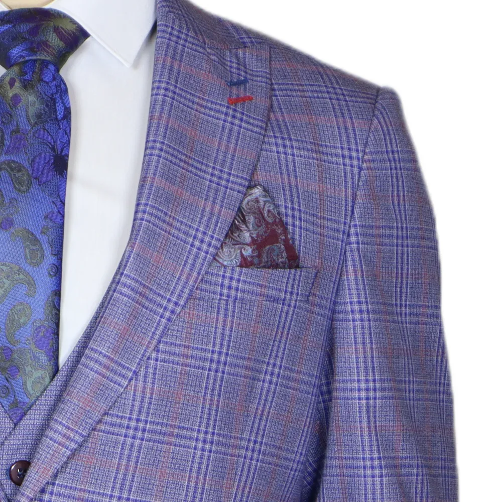 Blue/Red Avanti Milano Window Pane Patterned Three Piece Suit