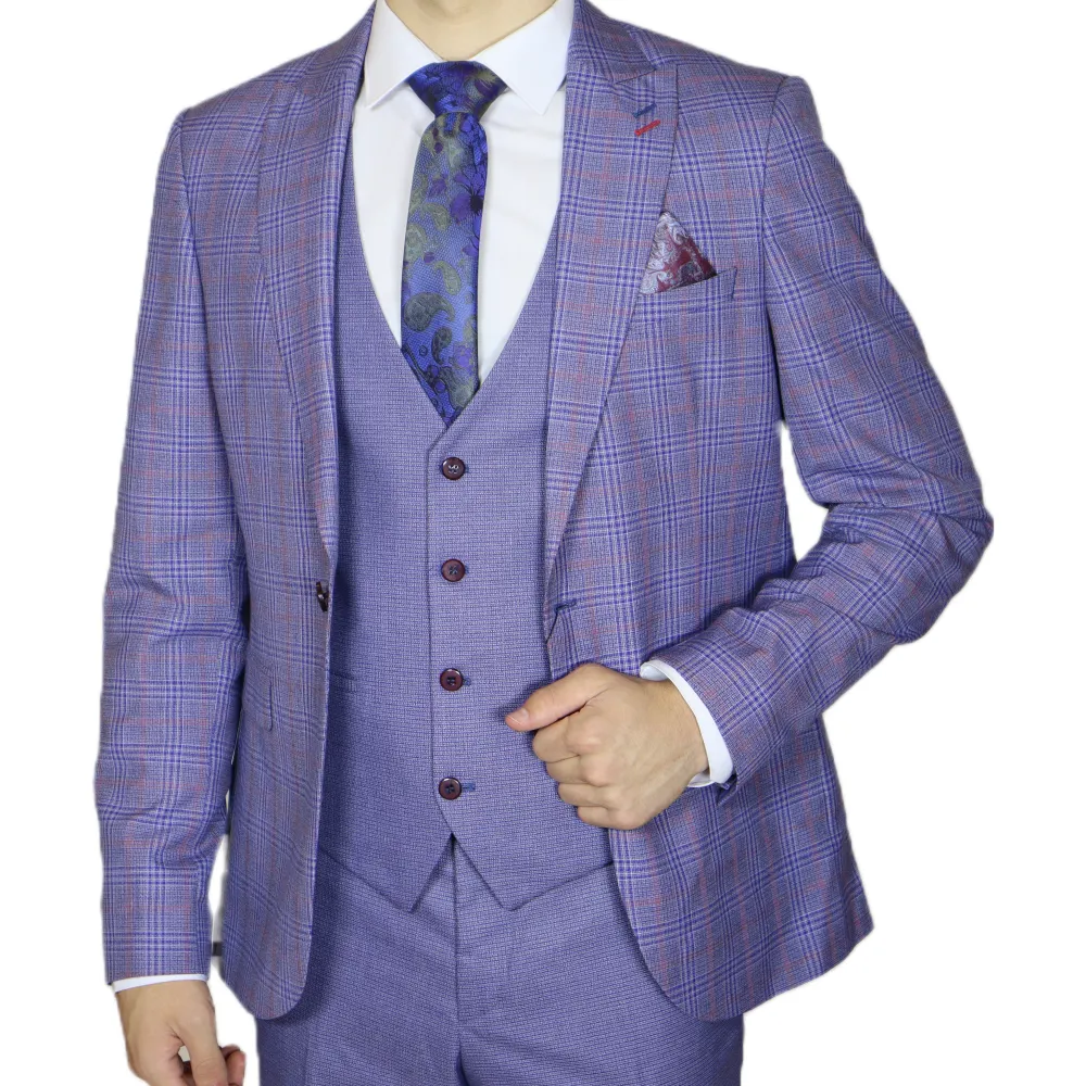 Blue/Red Avanti Milano Window Pane Patterned Three Piece Suit