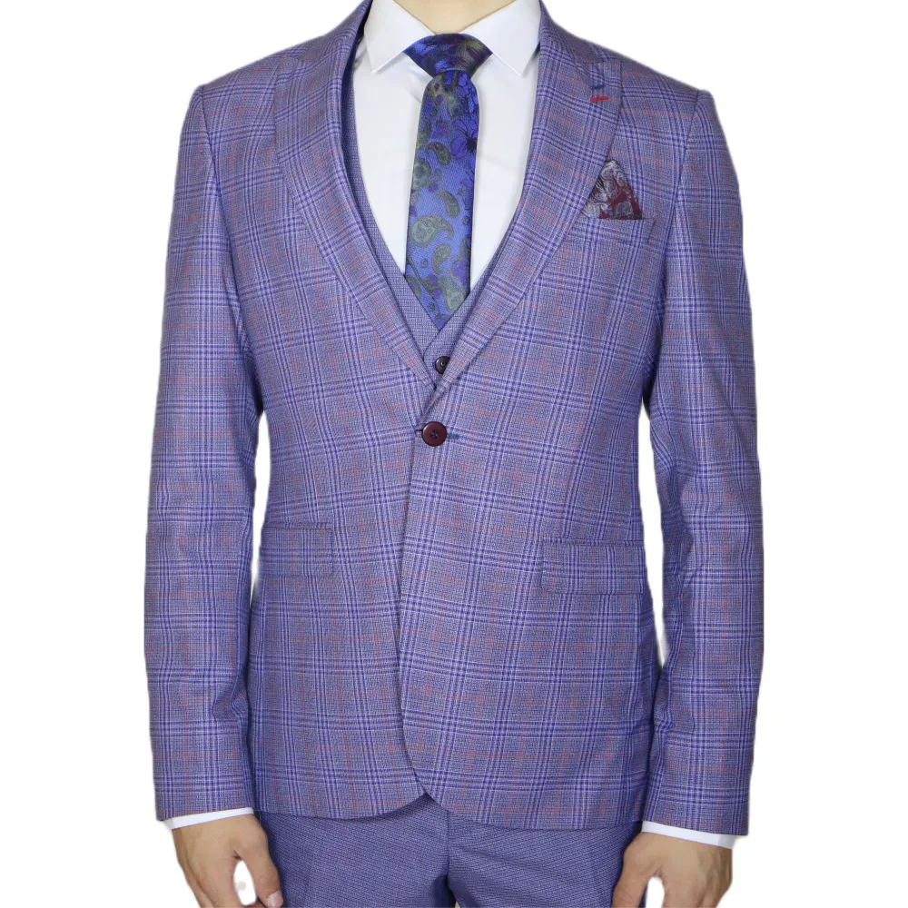 Blue/Red Avanti Milano Window Pane Patterned Three Piece Suit