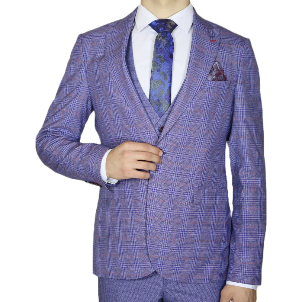 Blue/Red Avanti Milano Window Pane Patterned Three Piece Suit