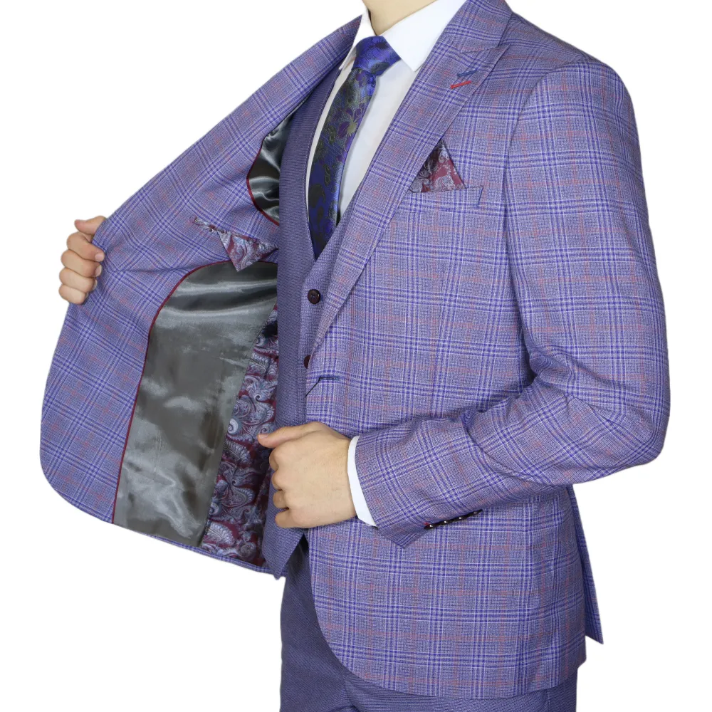 Blue/Red Avanti Milano Window Pane Patterned Three Piece Suit