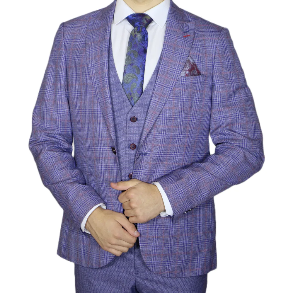 Blue/Red Avanti Milano Window Pane Patterned Three Piece Suit