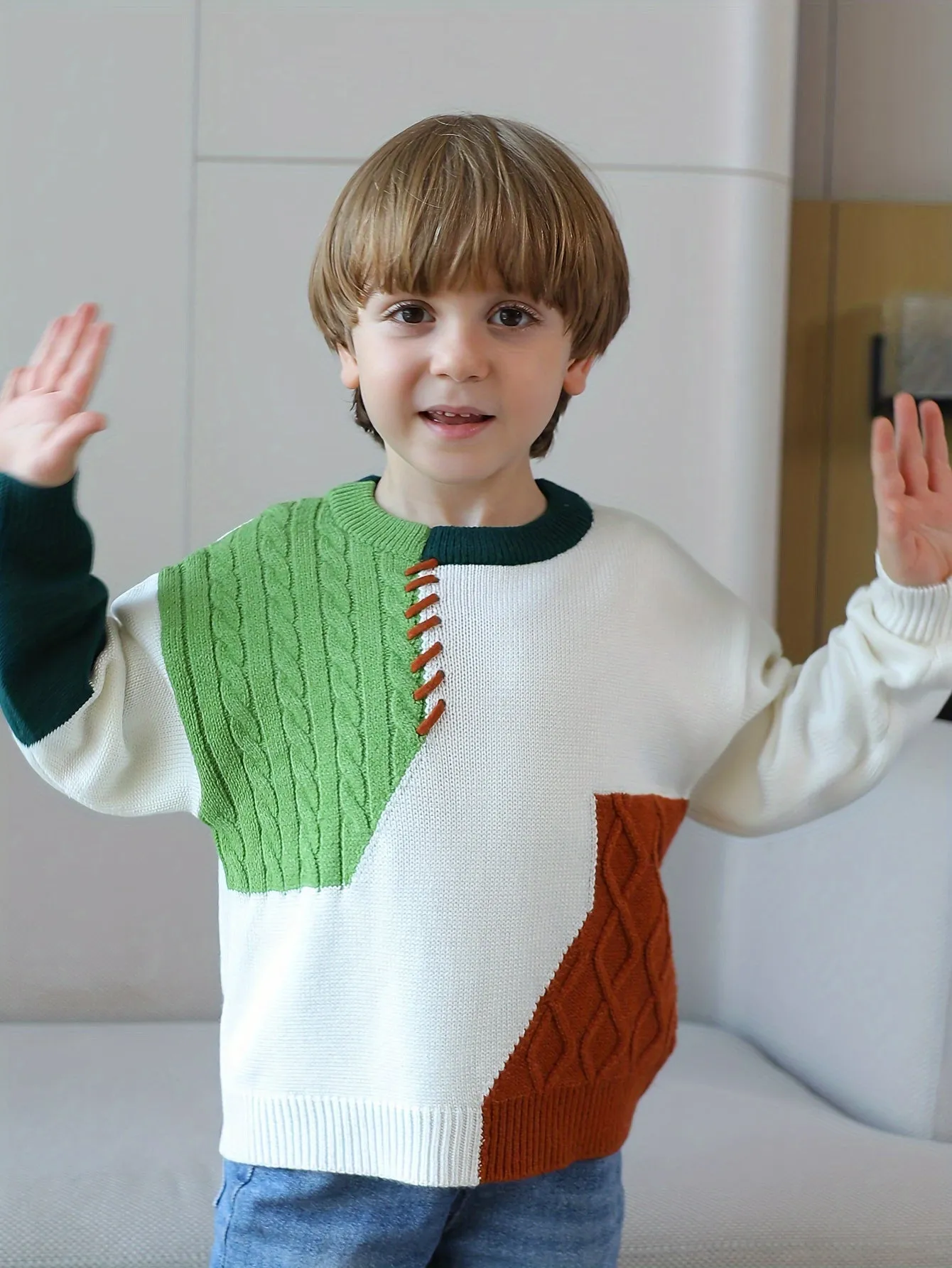 Boys Casual Sweater, Color Block Stitching Pattern Long Sleeve Pullover Top For Winter Fall