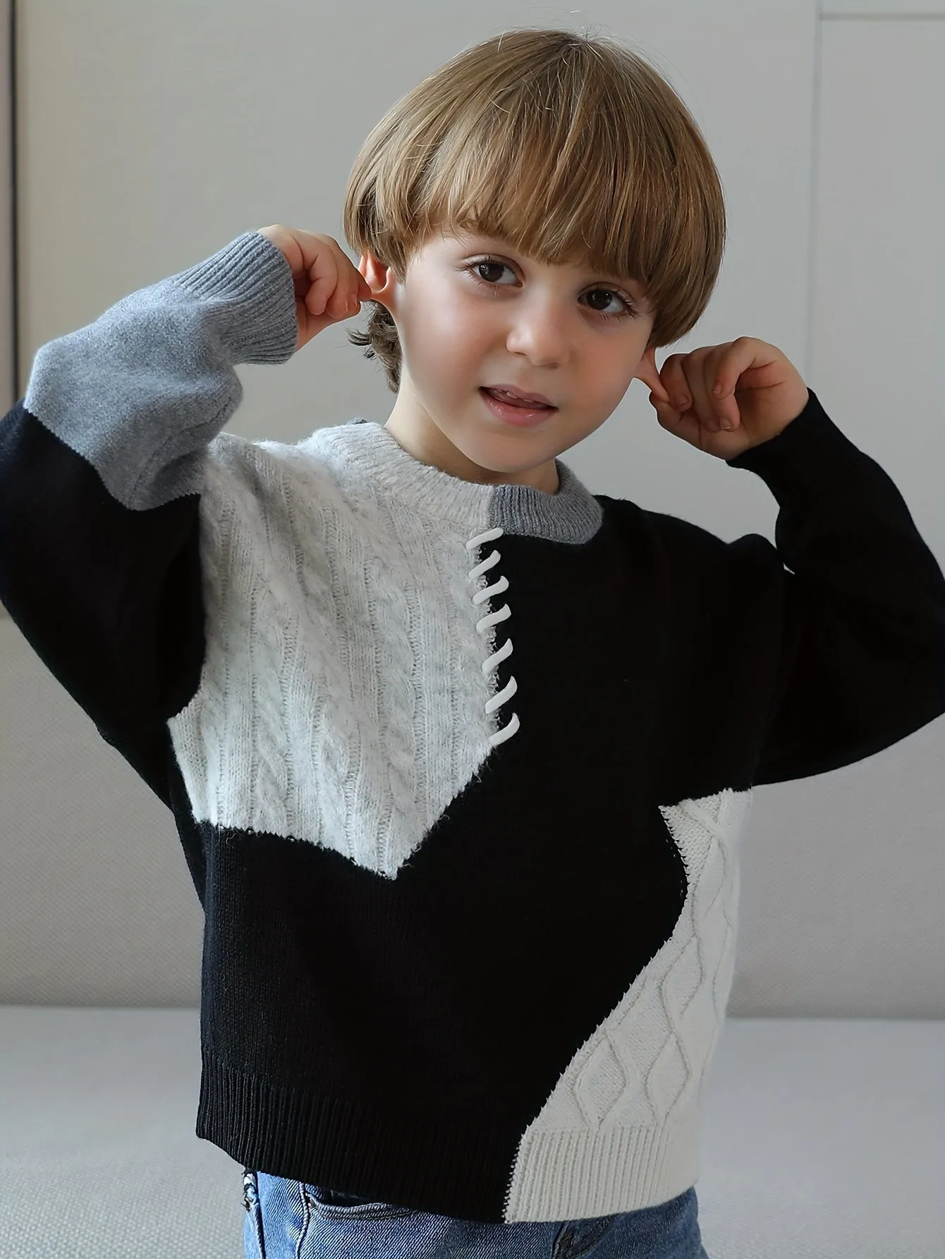 Boys Casual Sweater, Color Block Stitching Pattern Long Sleeve Pullover Top For Winter Fall