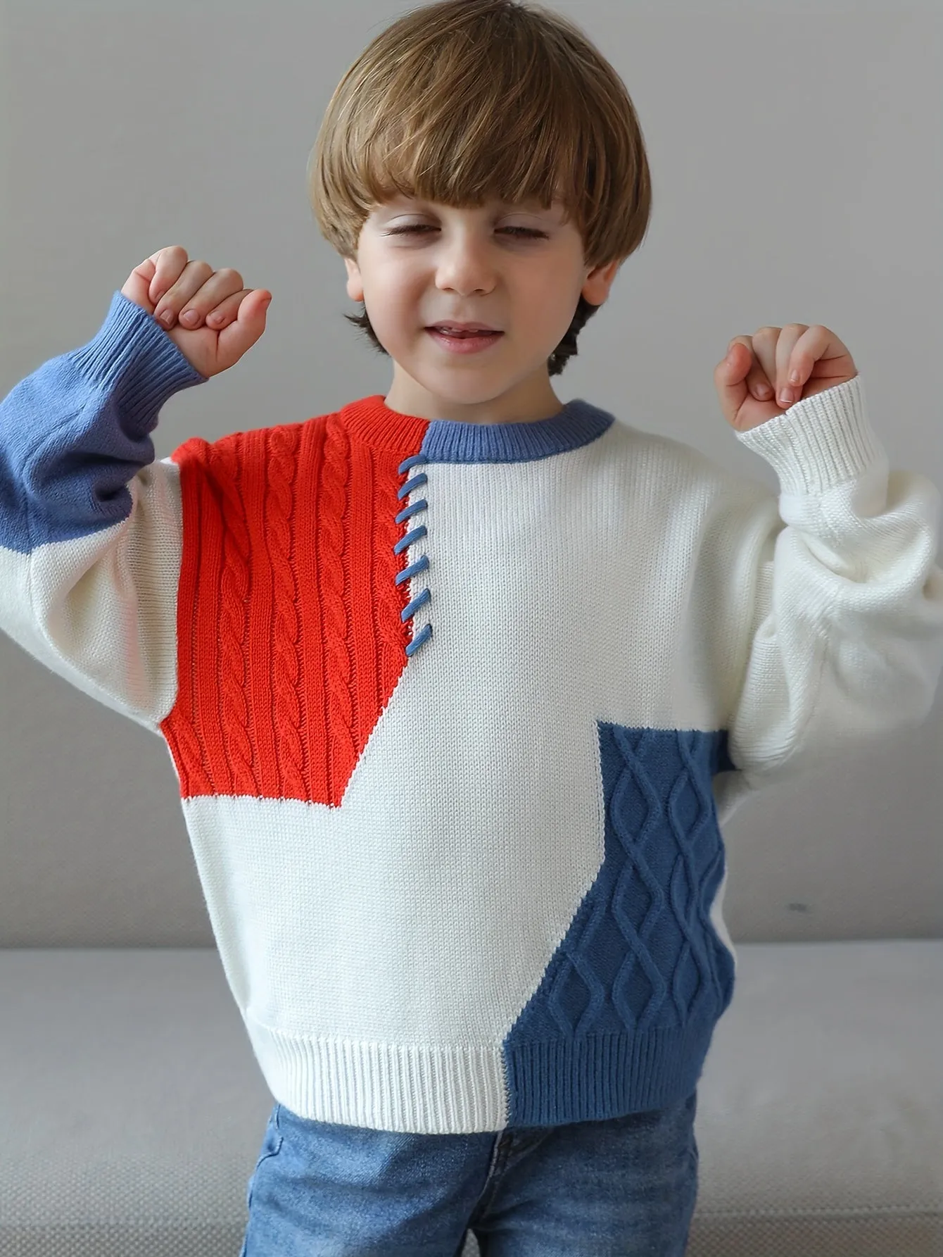 Boys Casual Sweater, Color Block Stitching Pattern Long Sleeve Pullover Top For Winter Fall