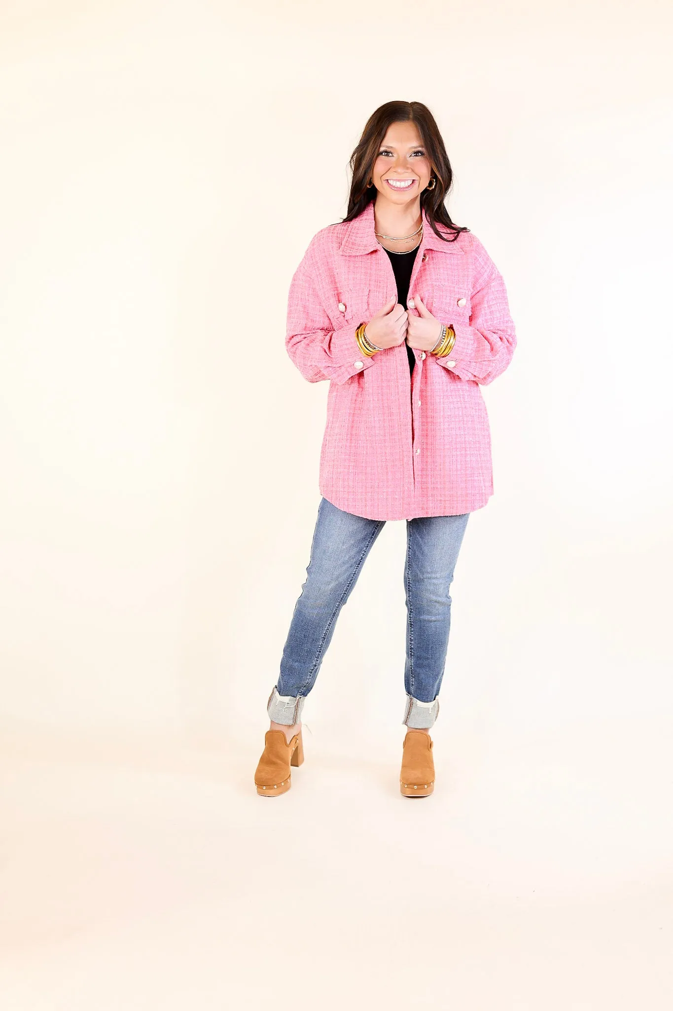 Brooklyn Buzz Pearl Button Up Tweed Shacket in Pink