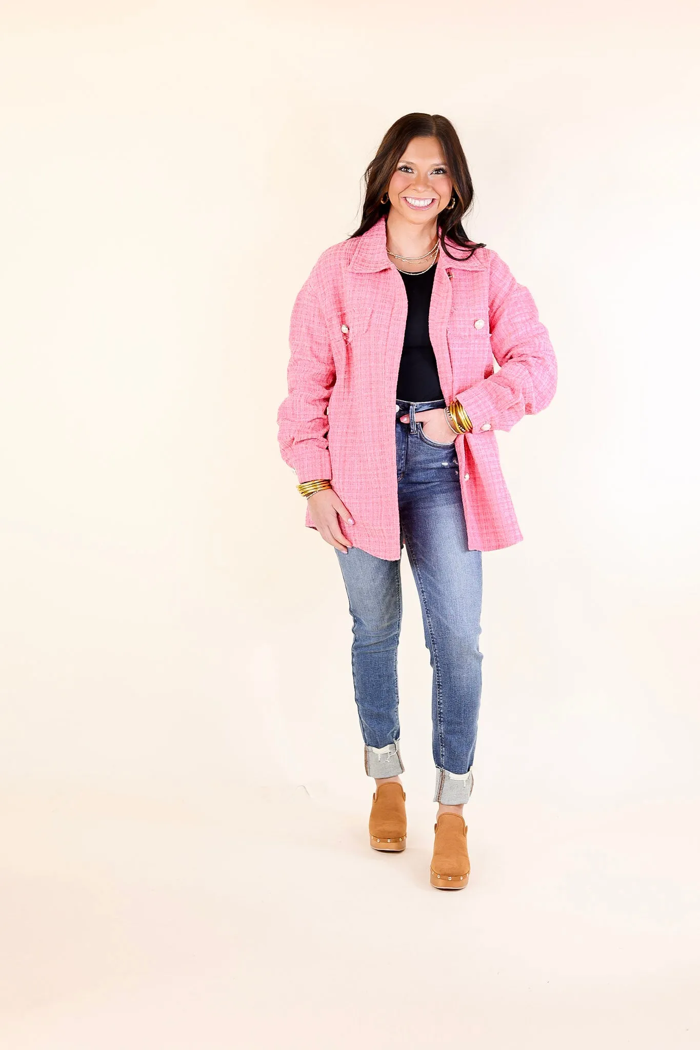 Brooklyn Buzz Pearl Button Up Tweed Shacket in Pink