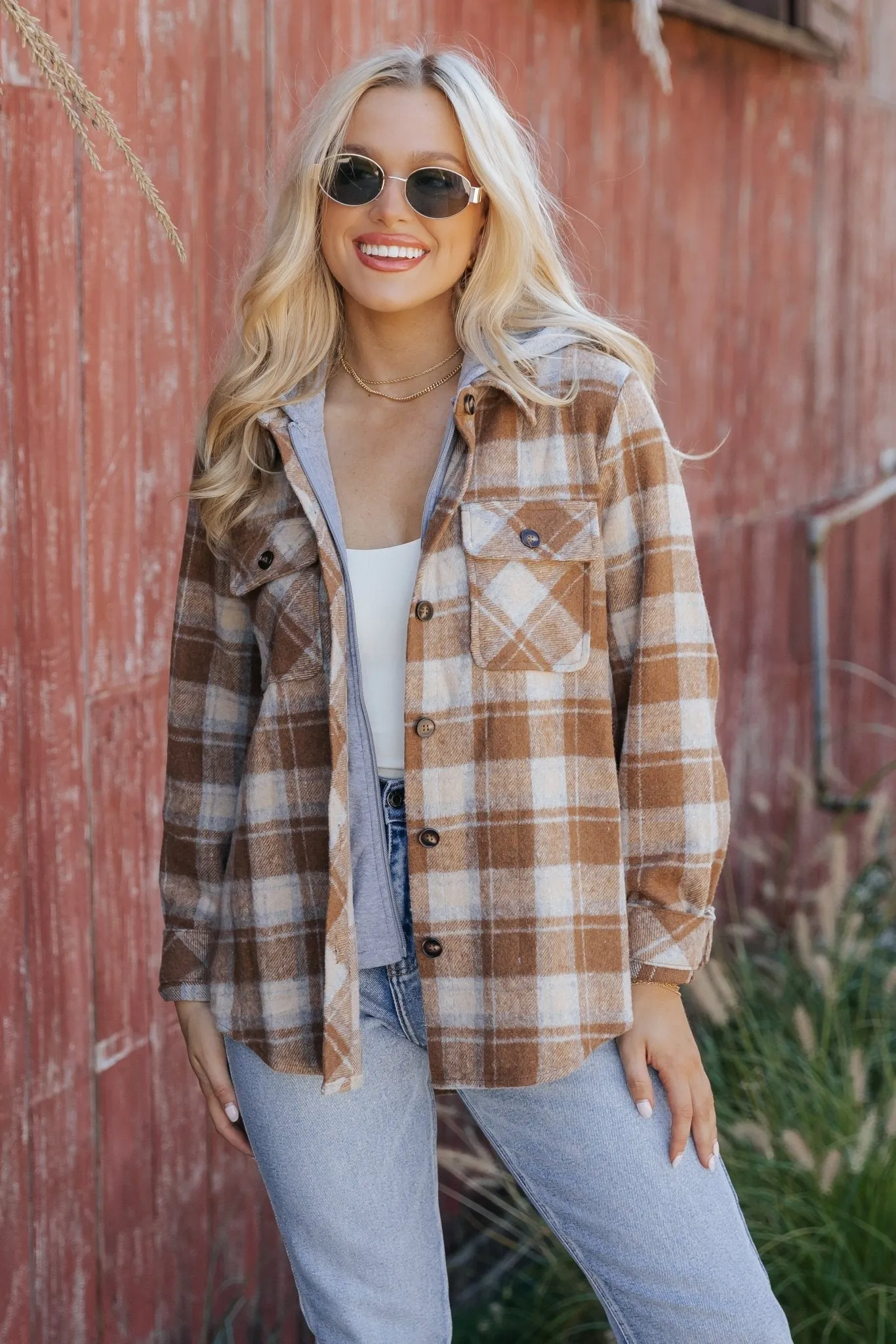 Brown Plaid Hooded Shacket - FINAL SALE