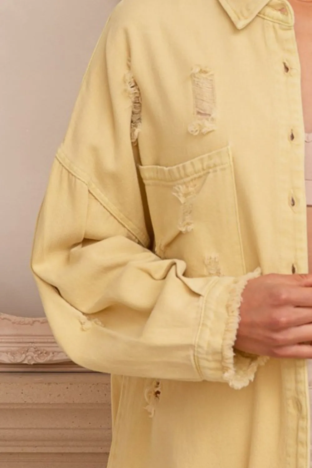 Button Down Raw Hem Distressed Shacket in Lemonade