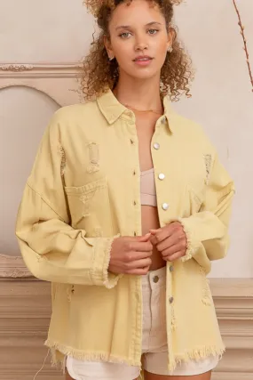 Button Down Raw Hem Distressed Shacket in Lemonade