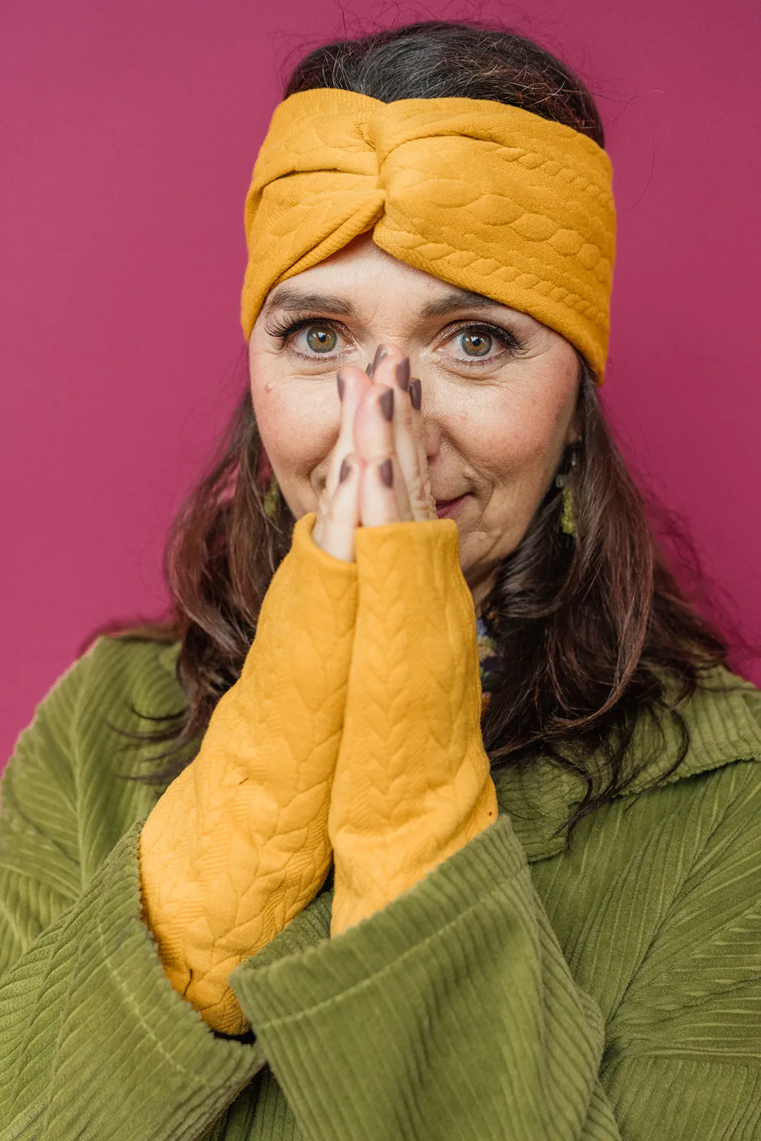 Cable Knit Jersey Wrist Warmers in Mustard