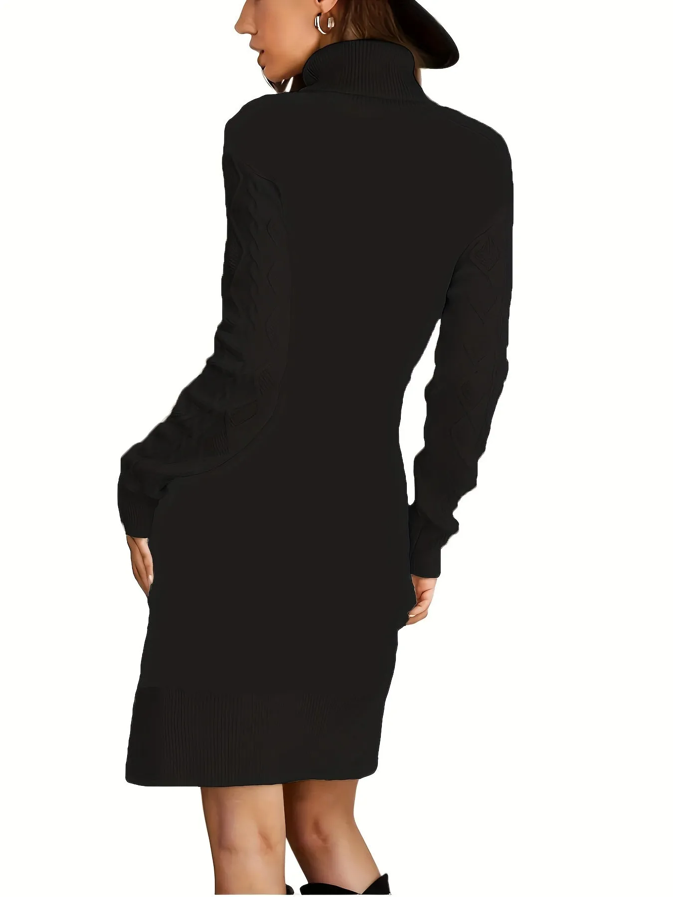 Cable Knit Sweater Dress, Elegant Turtleneck Long Sleeve Dress, Women's Clothing