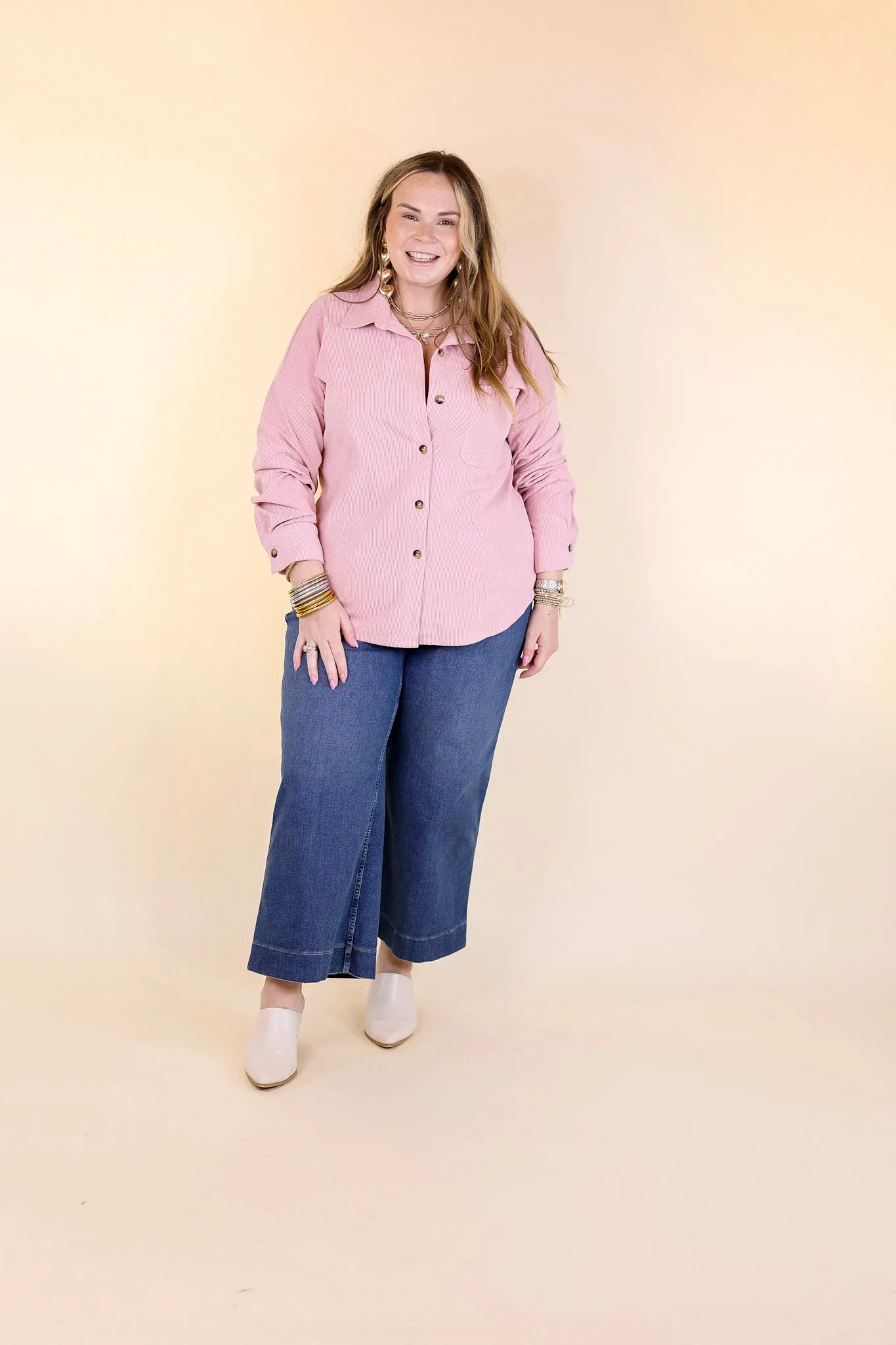 Captivating Cuteness Corduroy Button Up Shacket in Light Pink