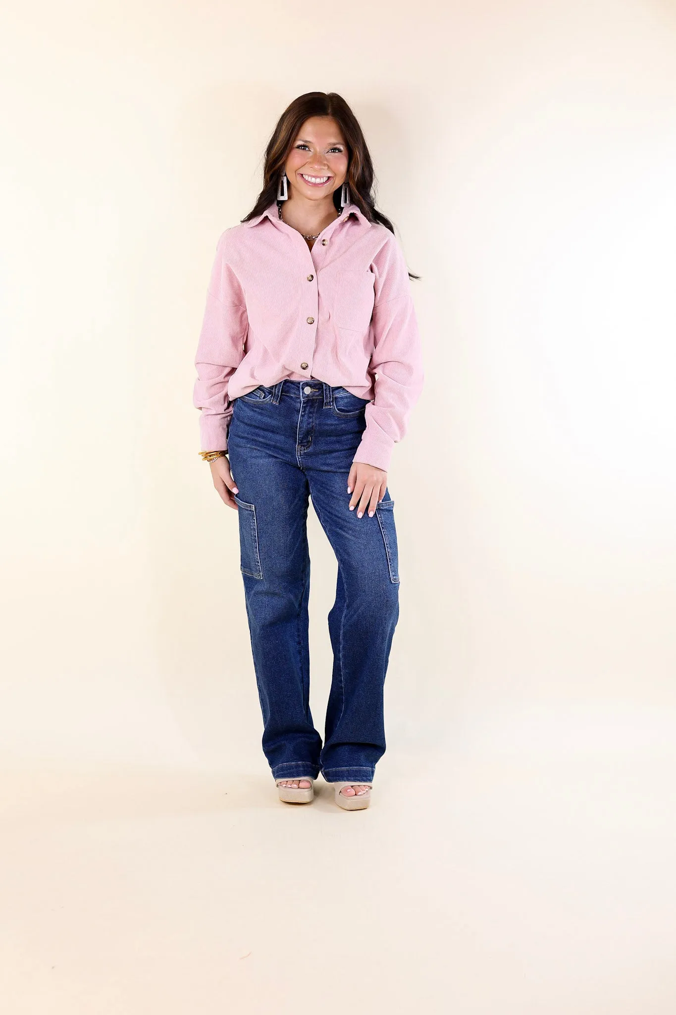 Captivating Cuteness Corduroy Button Up Shacket in Light Pink