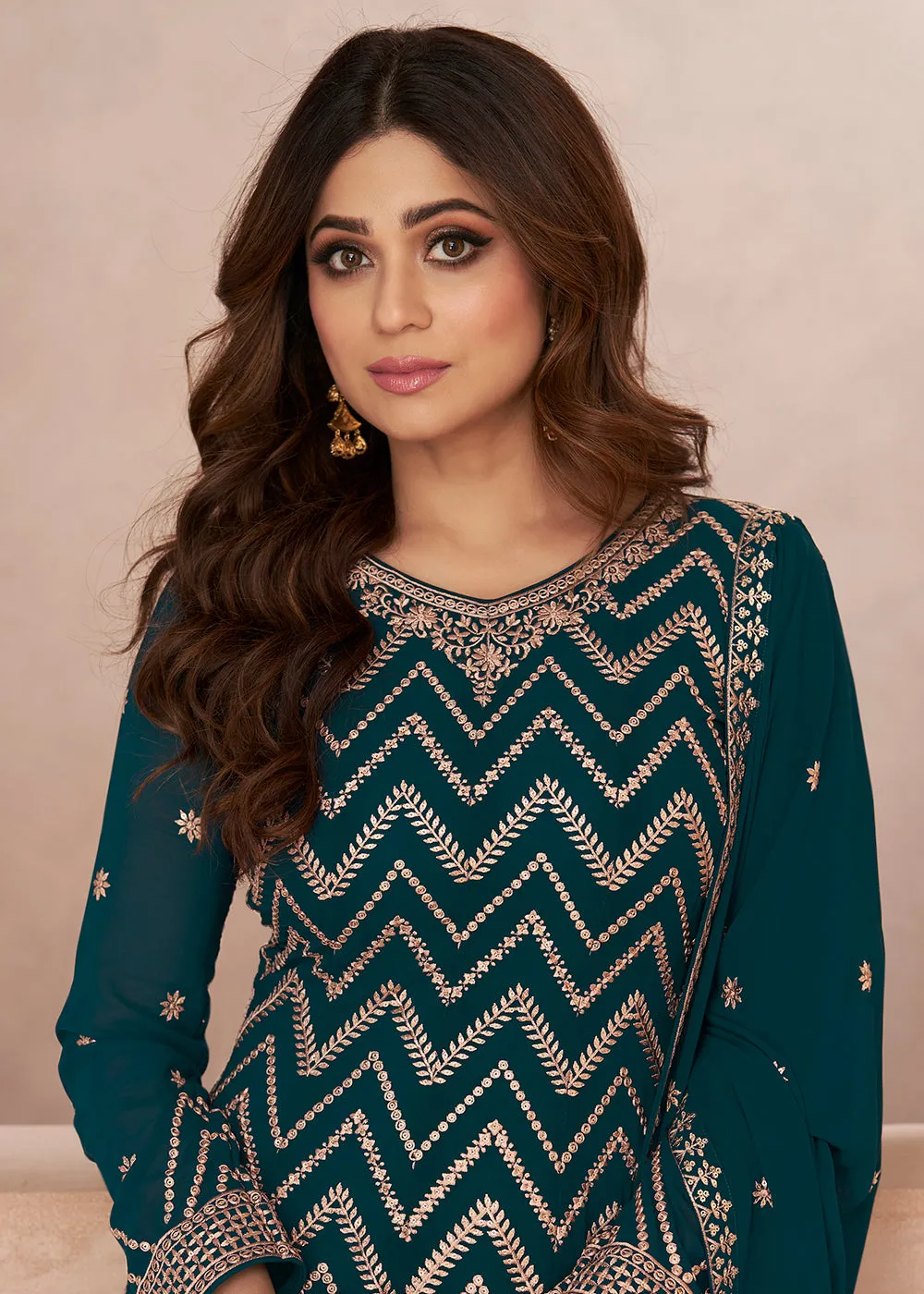 Charming Festive Look Teal Georgette Palazzo Style Suit