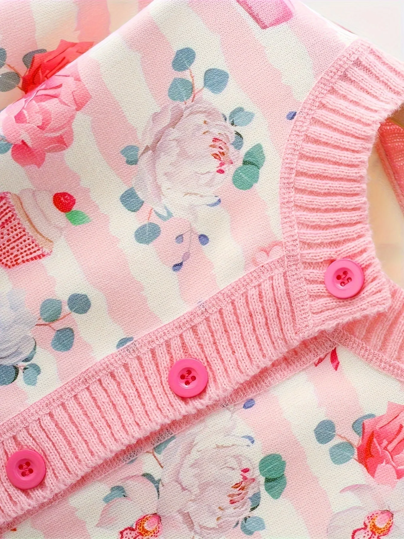 Charming Girl's Bow & Flower Print Knitted Cardigan - Cozy Long Sleeve Buckle Sweater Coat with Casual Sweet Style for Spring/Autumn - Soft, Warm, and Comfortable Clothing for Little Princesses