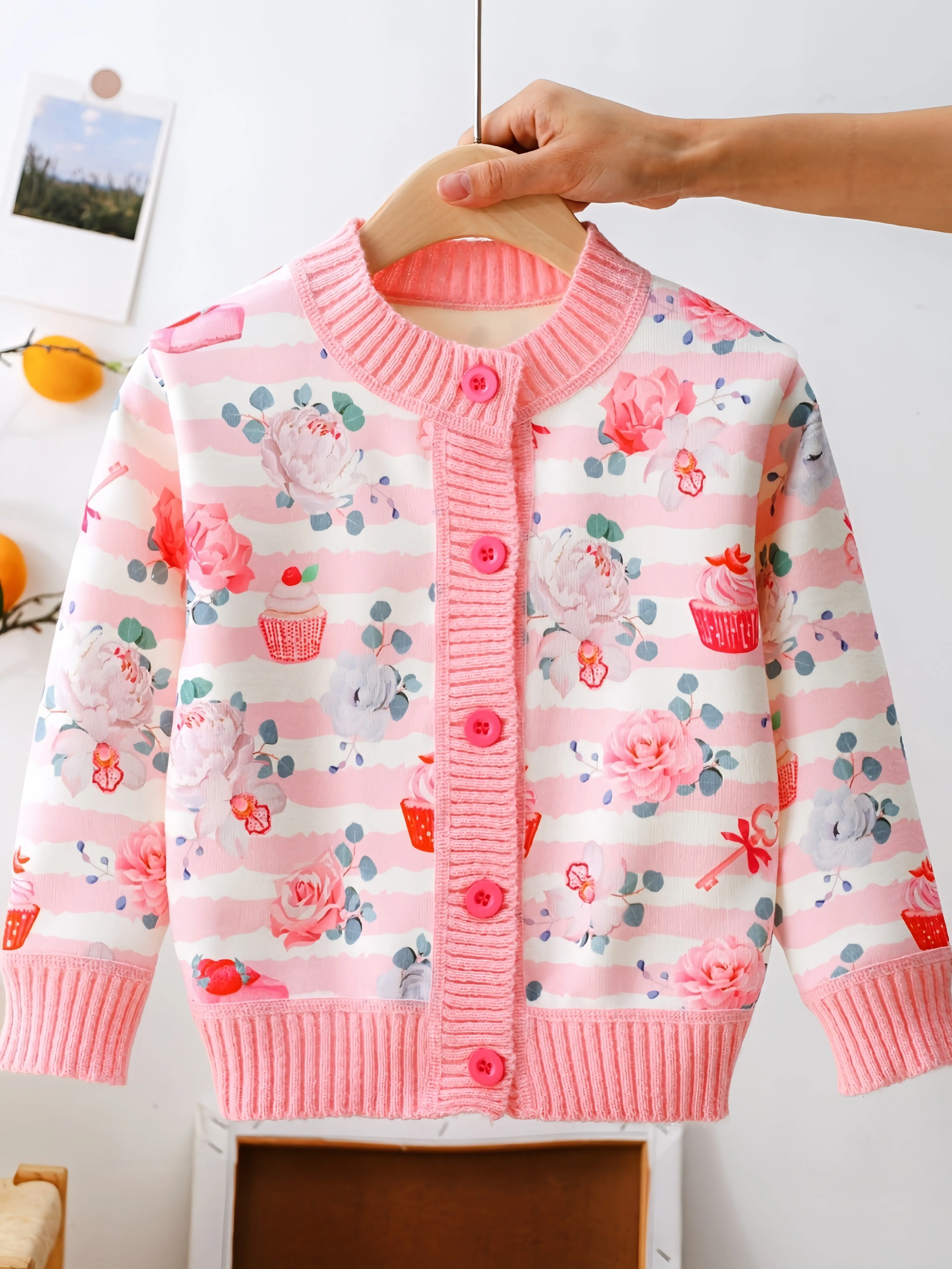 Charming Girl's Bow & Flower Print Knitted Cardigan - Cozy Long Sleeve Buckle Sweater Coat with Casual Sweet Style for Spring/Autumn - Soft, Warm, and Comfortable Clothing for Little Princesses