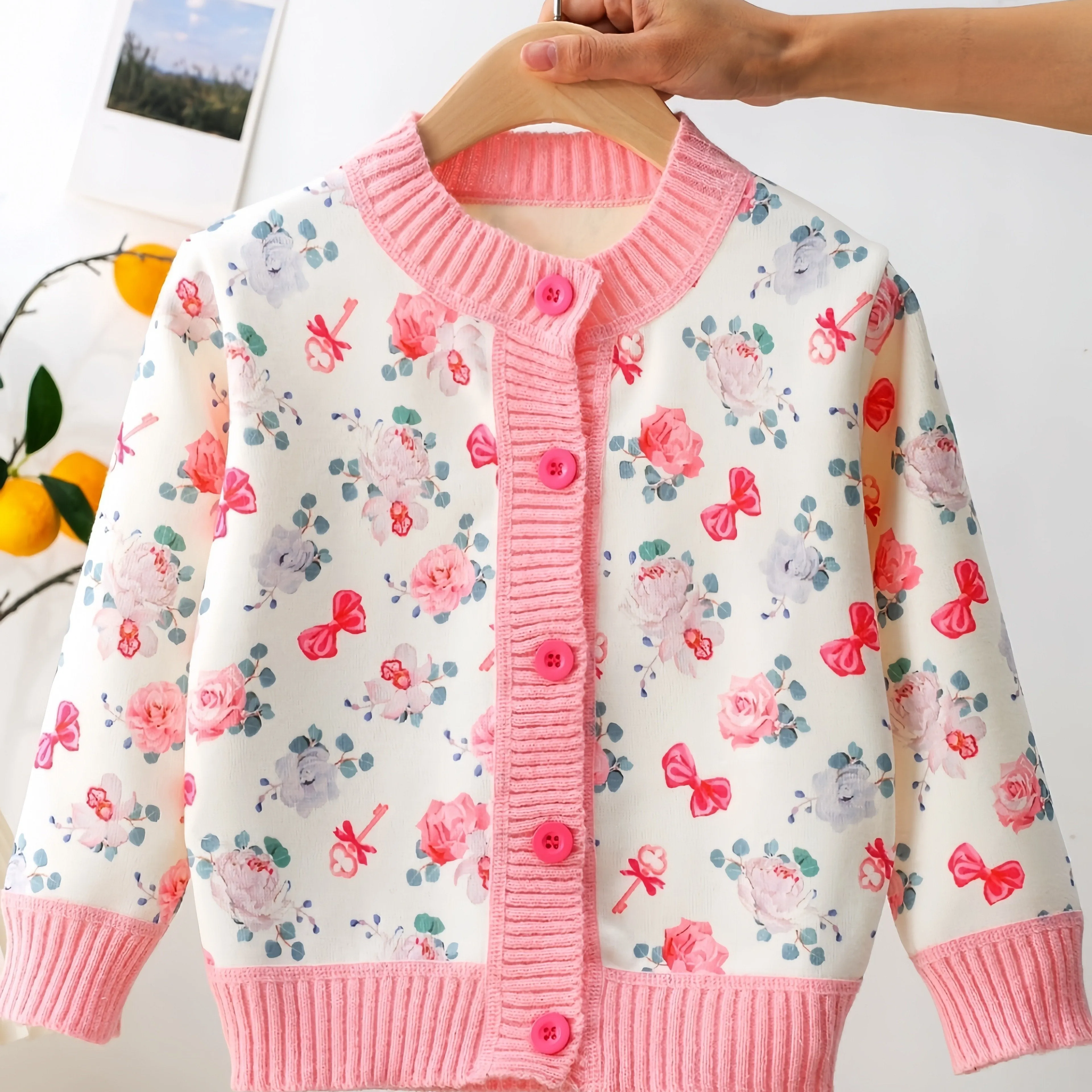 Charming Girl's Bow & Flower Print Knitted Cardigan - Cozy Long Sleeve Buckle Sweater Coat with Casual Sweet Style for Spring/Autumn - Soft, Warm, and Comfortable Clothing for Little Princesses