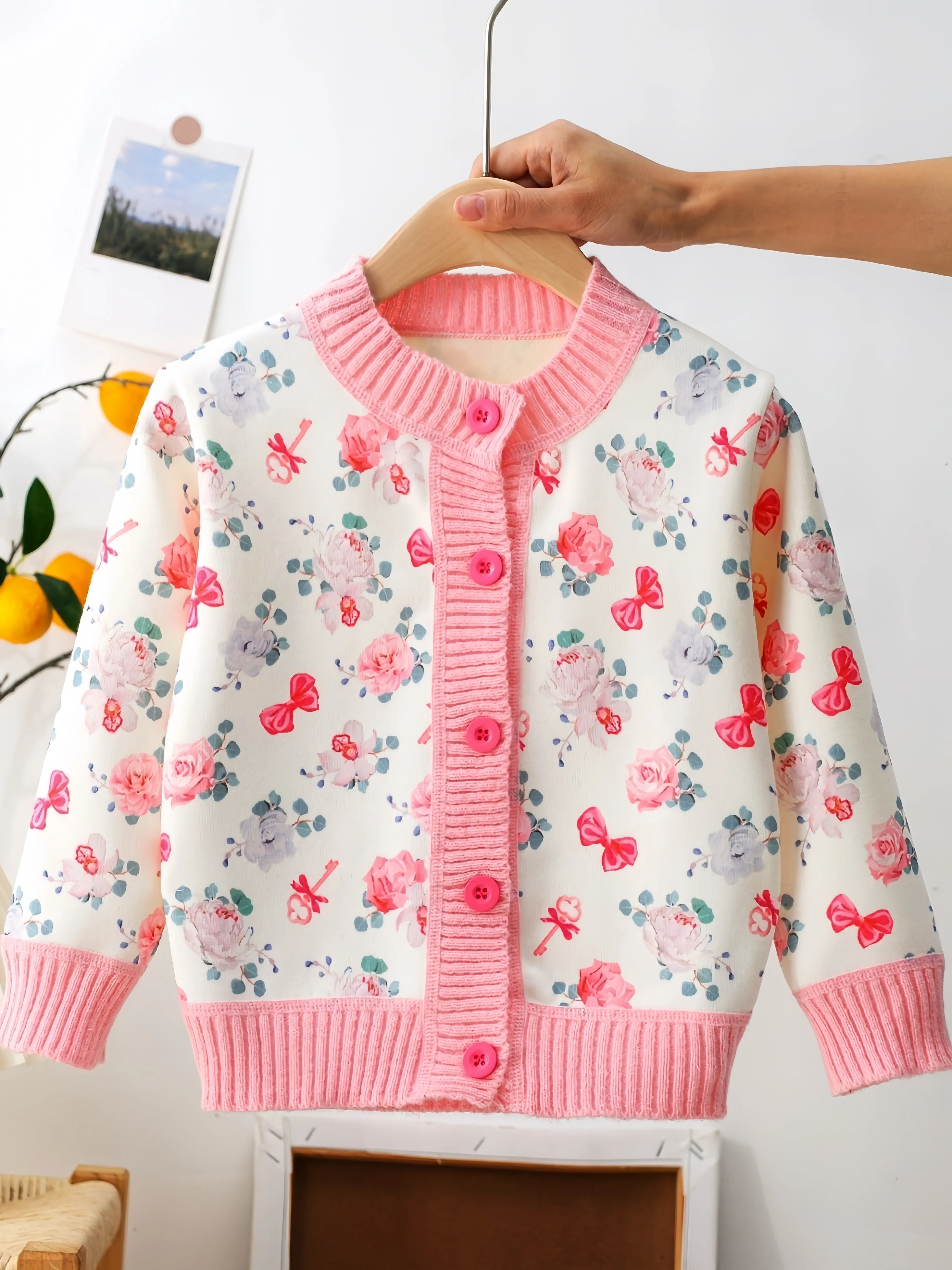 Charming Girl's Bow & Flower Print Knitted Cardigan - Cozy Long Sleeve Buckle Sweater Coat with Casual Sweet Style for Spring/Autumn - Soft, Warm, and Comfortable Clothing for Little Princesses