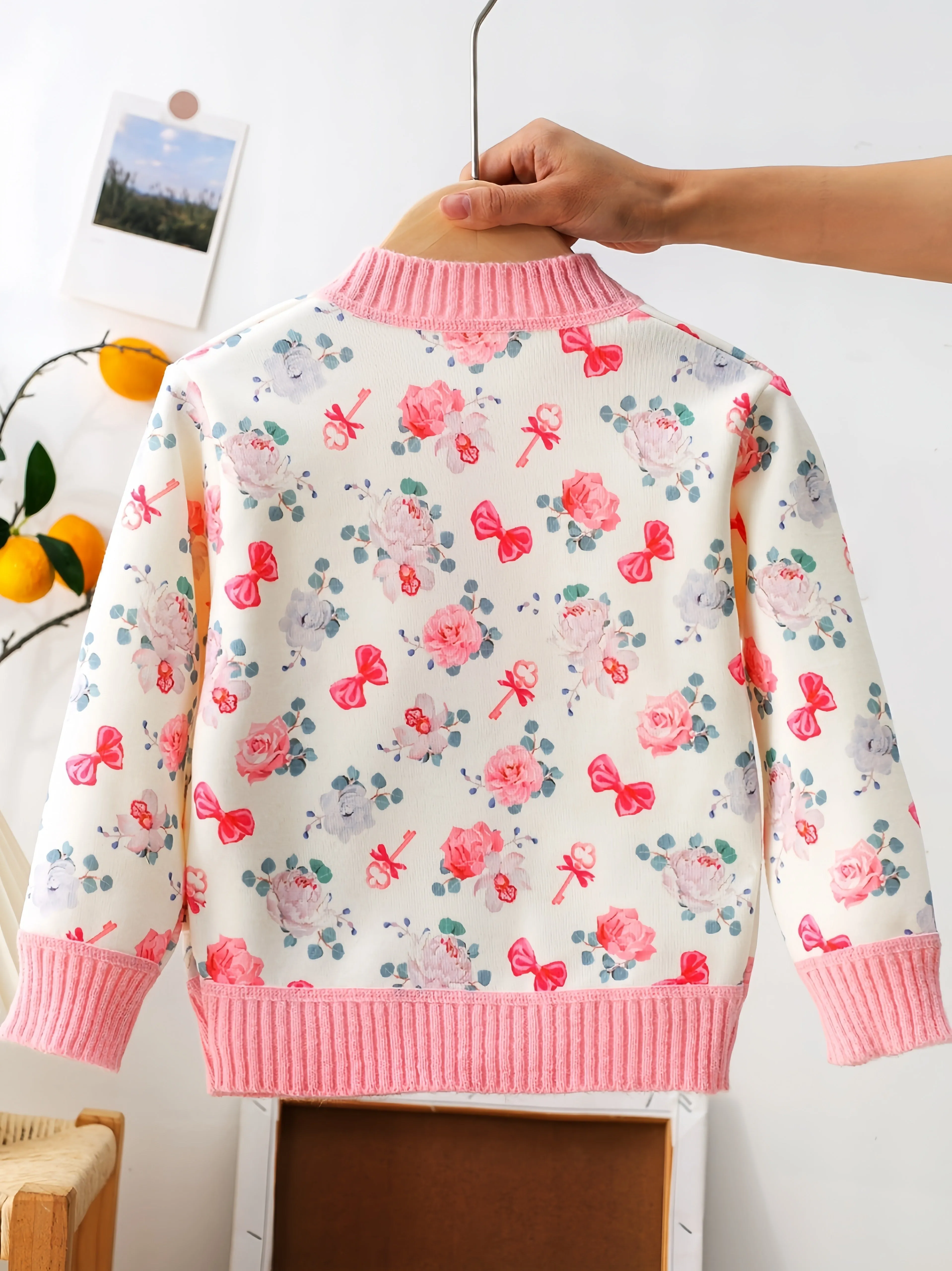 Charming Girl's Bow & Flower Print Knitted Cardigan - Cozy Long Sleeve Buckle Sweater Coat with Casual Sweet Style for Spring/Autumn - Soft, Warm, and Comfortable Clothing for Little Princesses