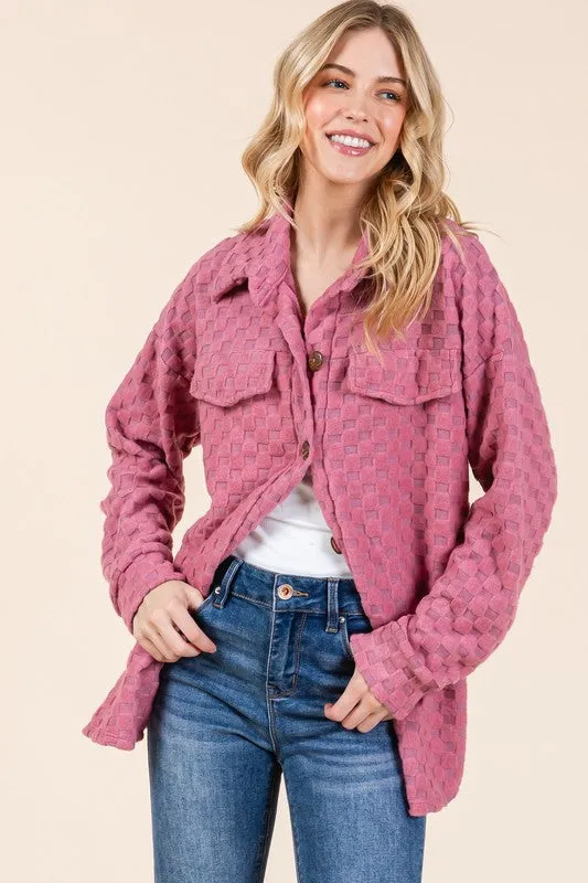 Checkered Button Down Dropped Shoulder Shacket