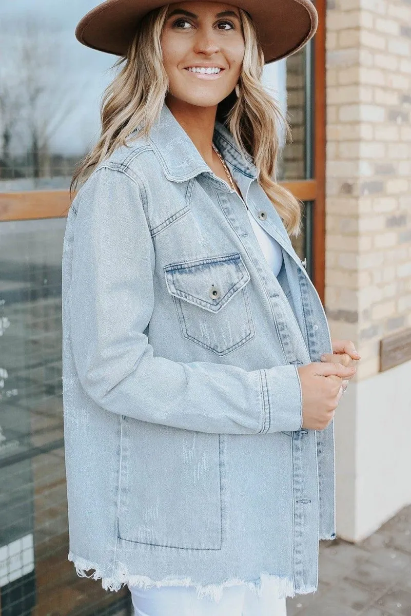 Chloe Light Denim Distressed Denim Jacket