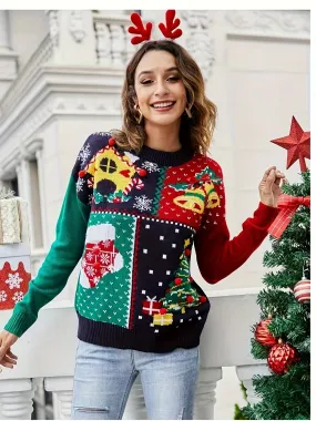 Christmas Allover Pattern Crew Neck Sweater, Casual Long Sleeve Sweater For Fall & Winter, Women's Clothing