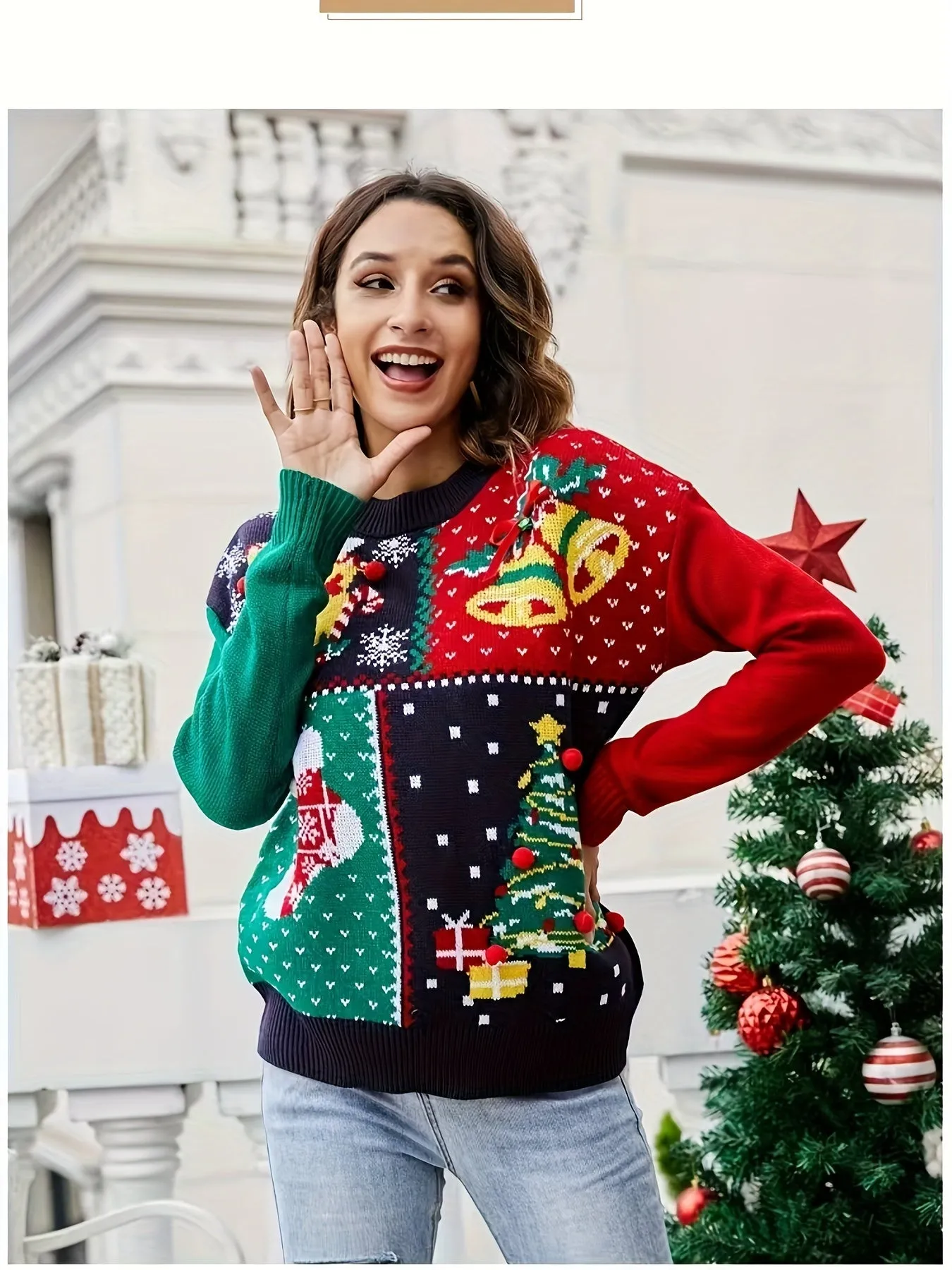 Christmas Allover Pattern Crew Neck Sweater, Casual Long Sleeve Sweater For Fall & Winter, Women's Clothing