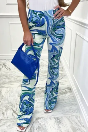 Coco teal marble flared high waist trousers