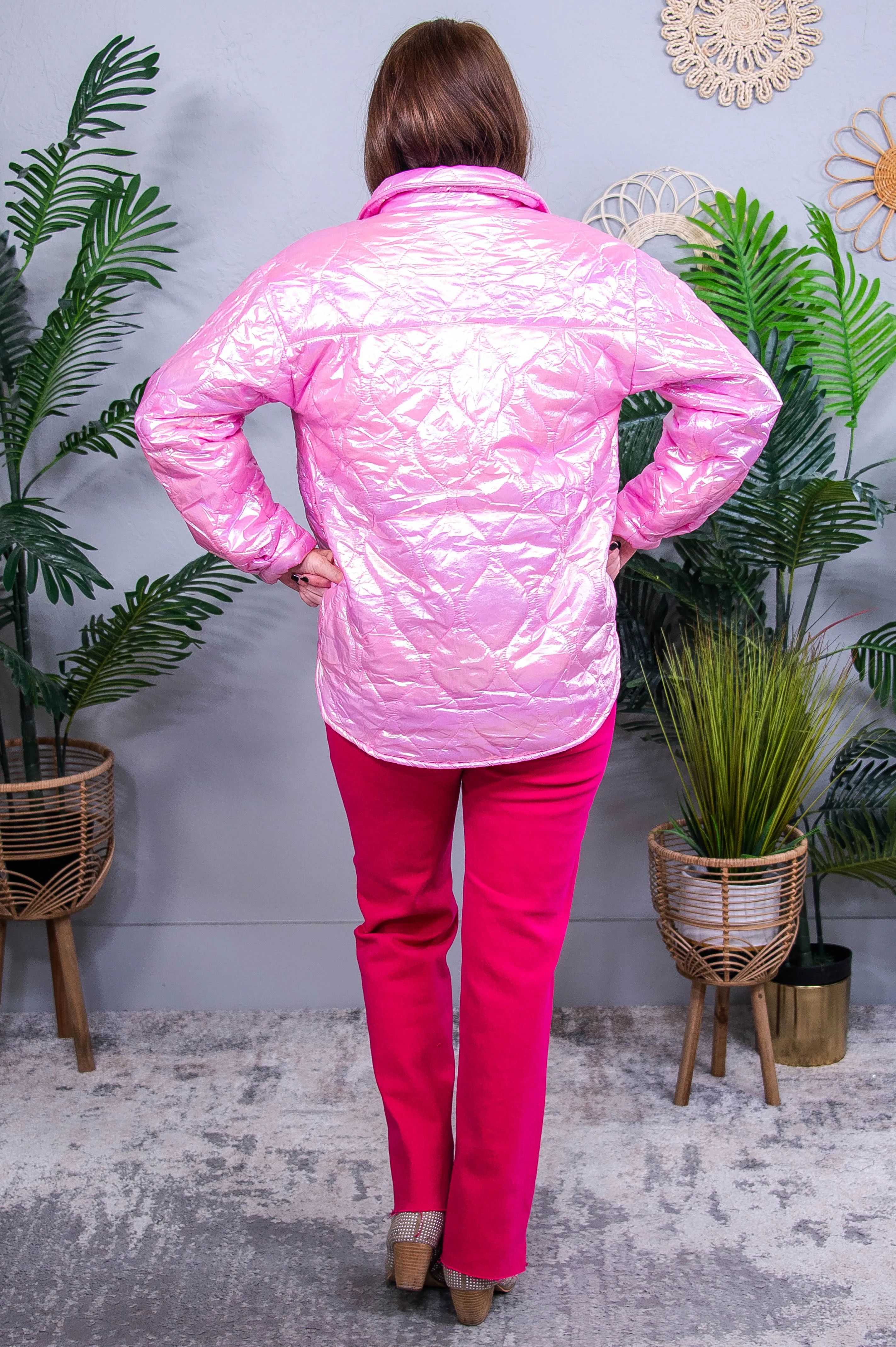 Come On, Lets Go Party Pink Iridescent Shacket - O5678PK