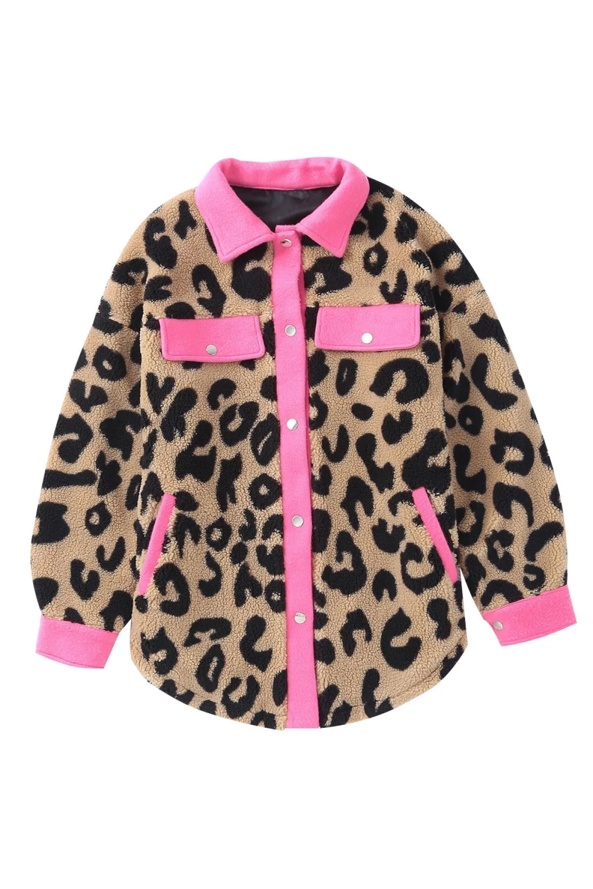 Contrast Trimmed Leopard Teddy Shacket