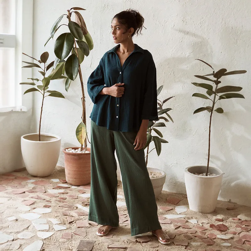 Cotton Solid Co Ord Set For Women | Shirt & Pant | Leafy Green