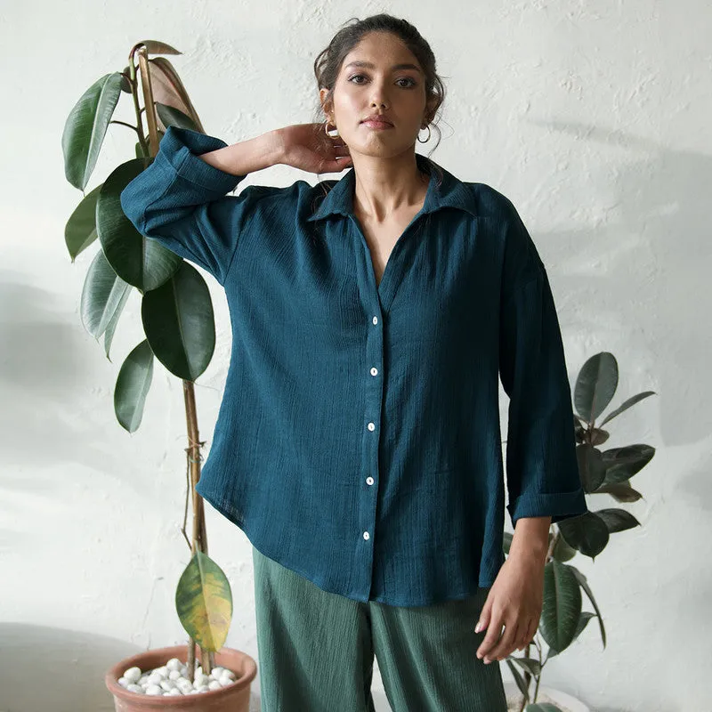 Cotton Solid Co Ord Set For Women | Shirt & Pant | Leafy Green