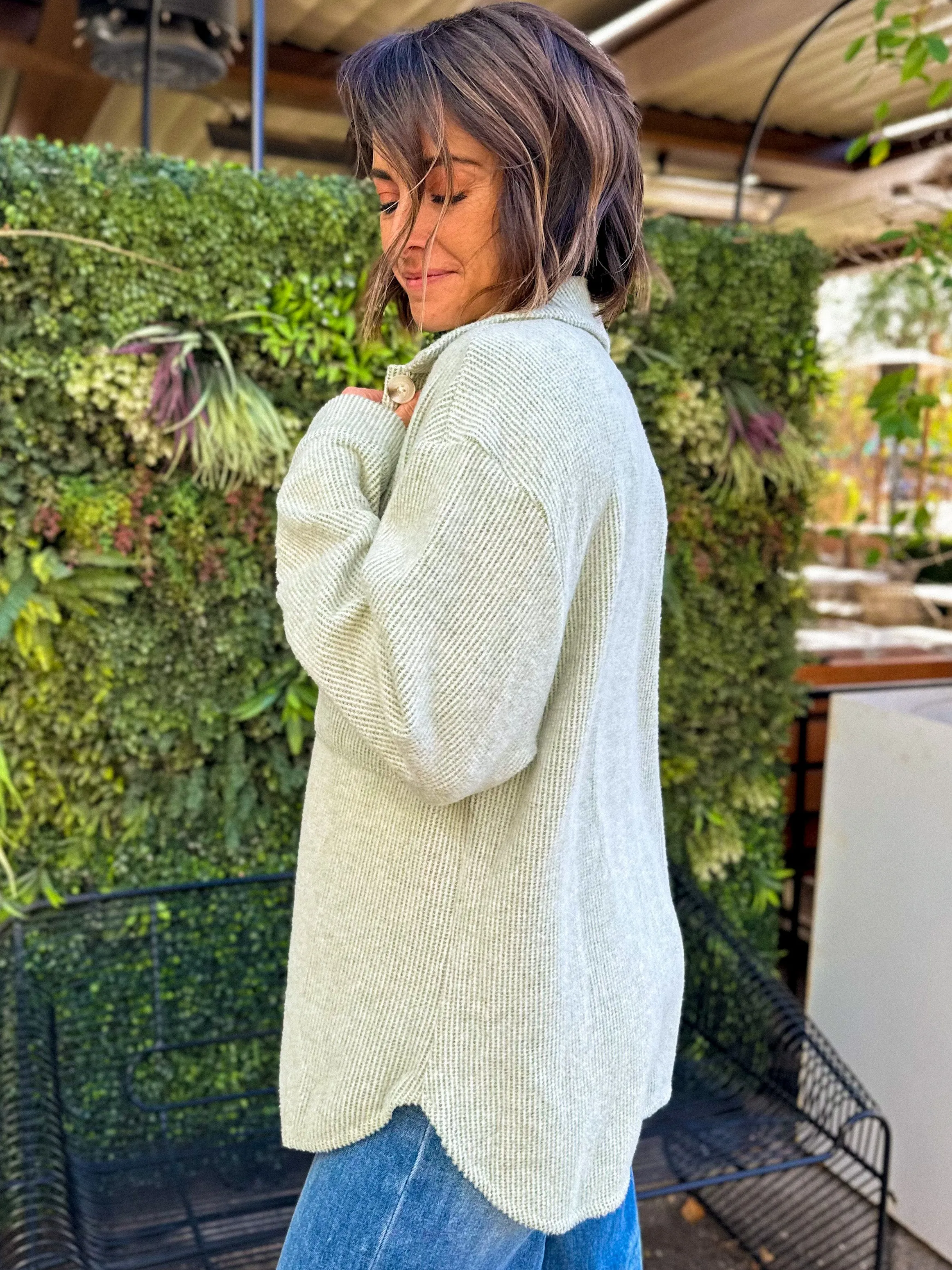 Cozy Brushed Waffle Shacket - Light Sage