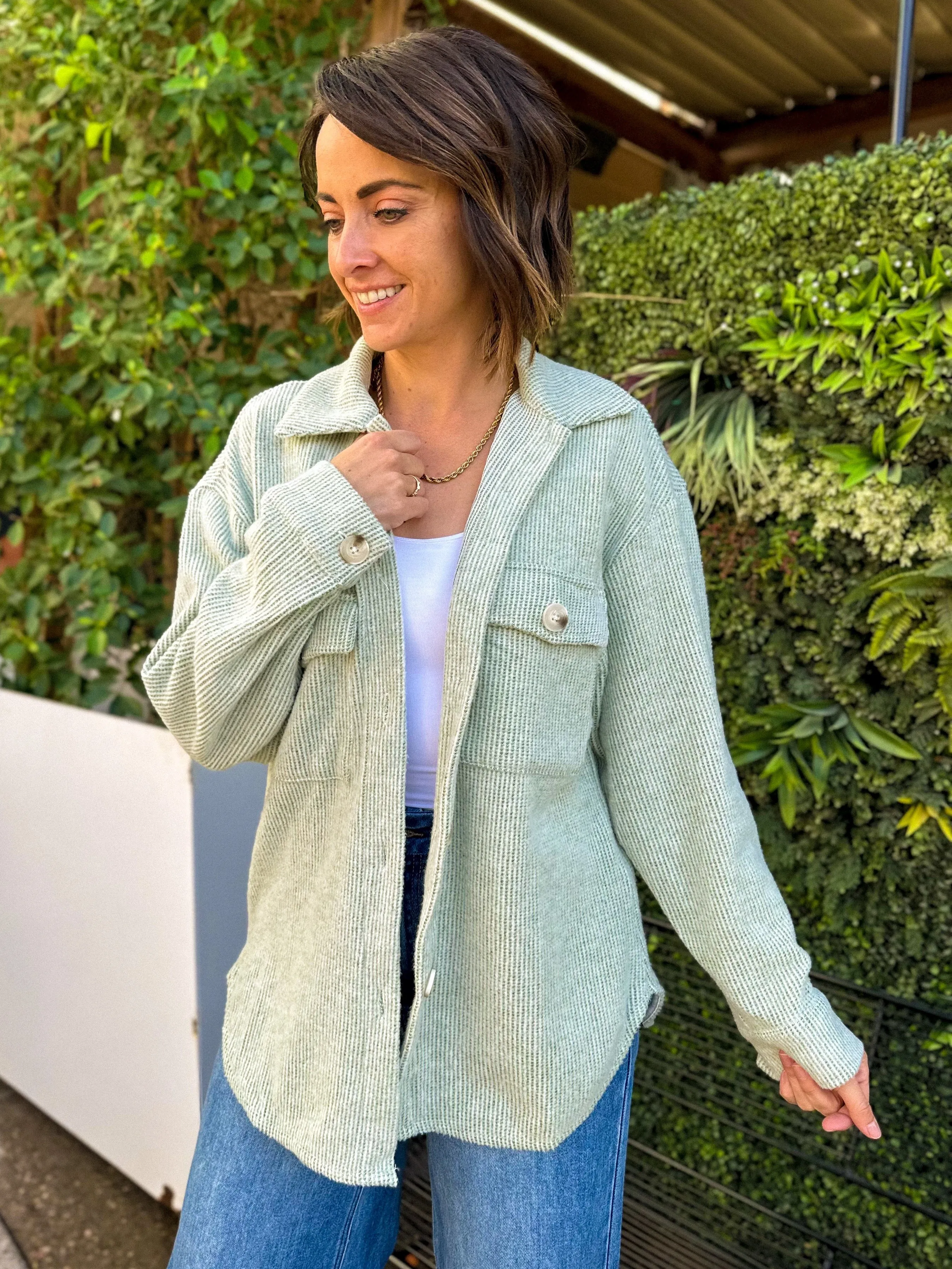 Cozy Brushed Waffle Shacket - Light Sage