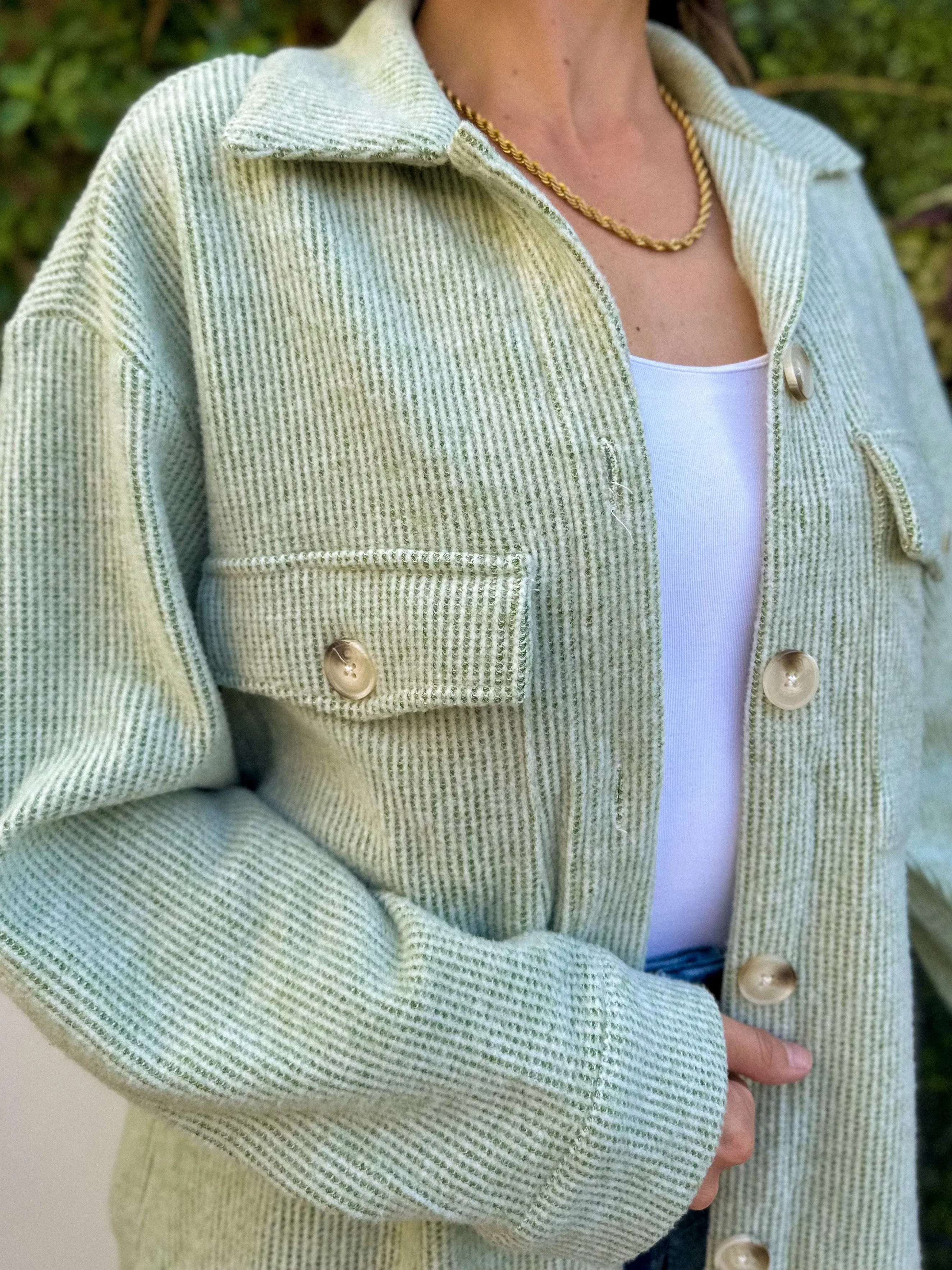 Cozy Brushed Waffle Shacket - Light Sage