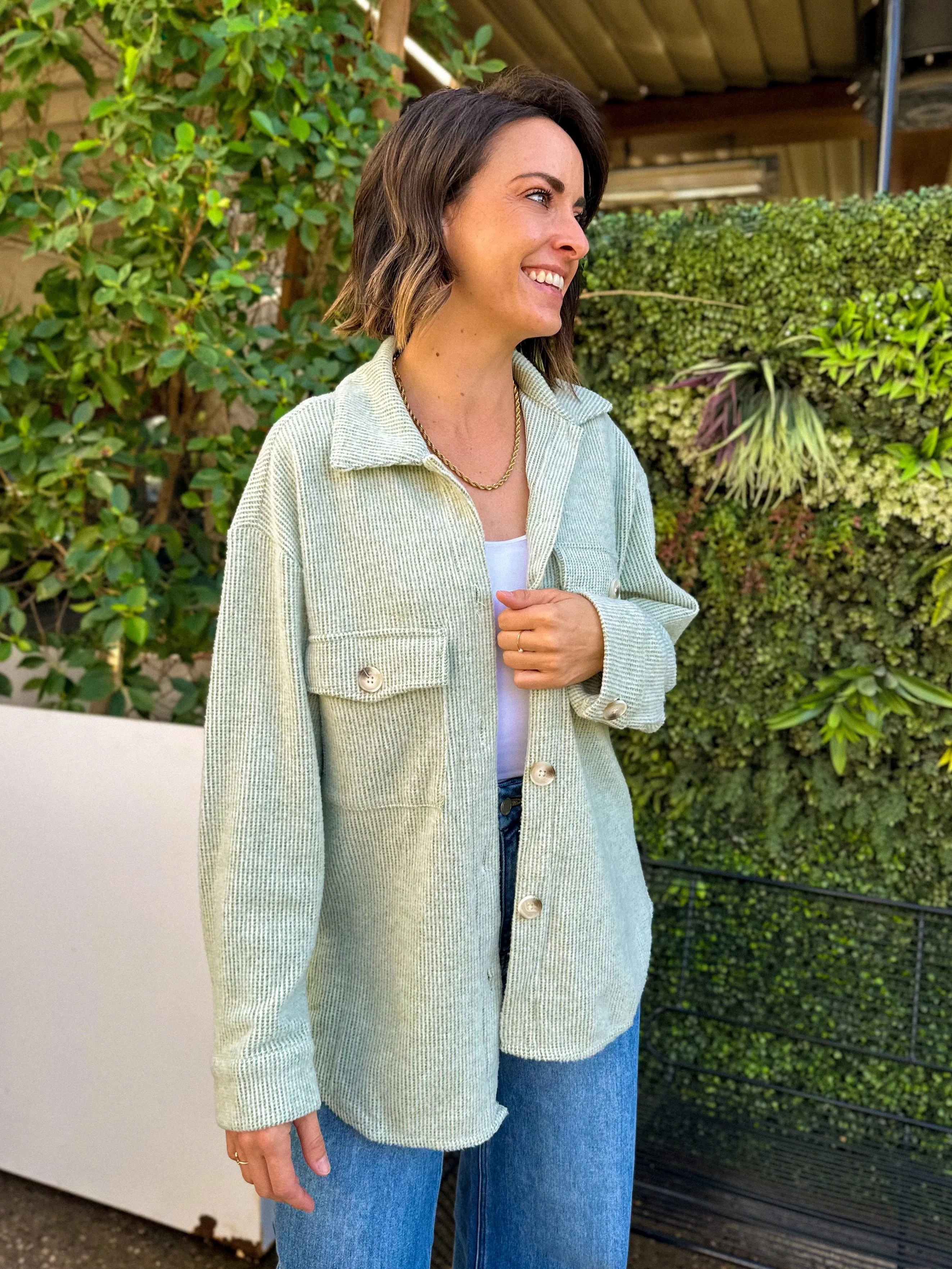 Cozy Brushed Waffle Shacket - Light Sage