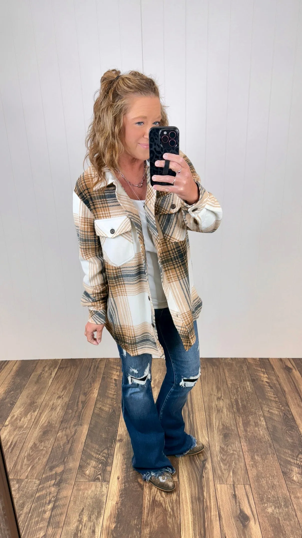 Cream Brown Black Plaid Oversized Fleece Shacket (SM-XL)