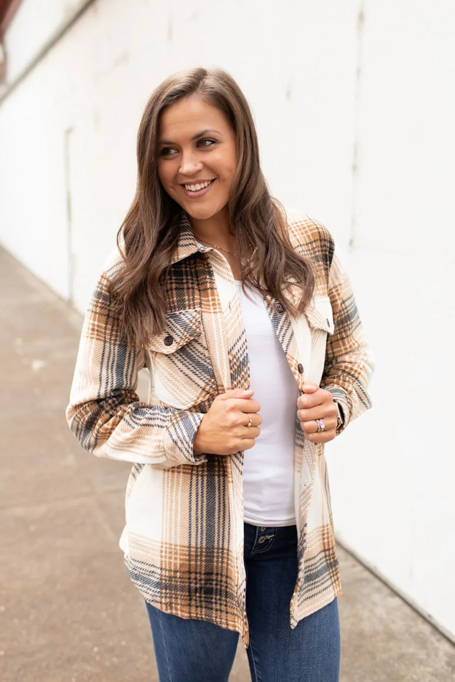 Cream Brown Black Plaid Oversized Fleece Shacket (SM-XL)