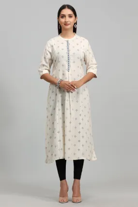 Cream Cotton A Line Yarndyed Kurta