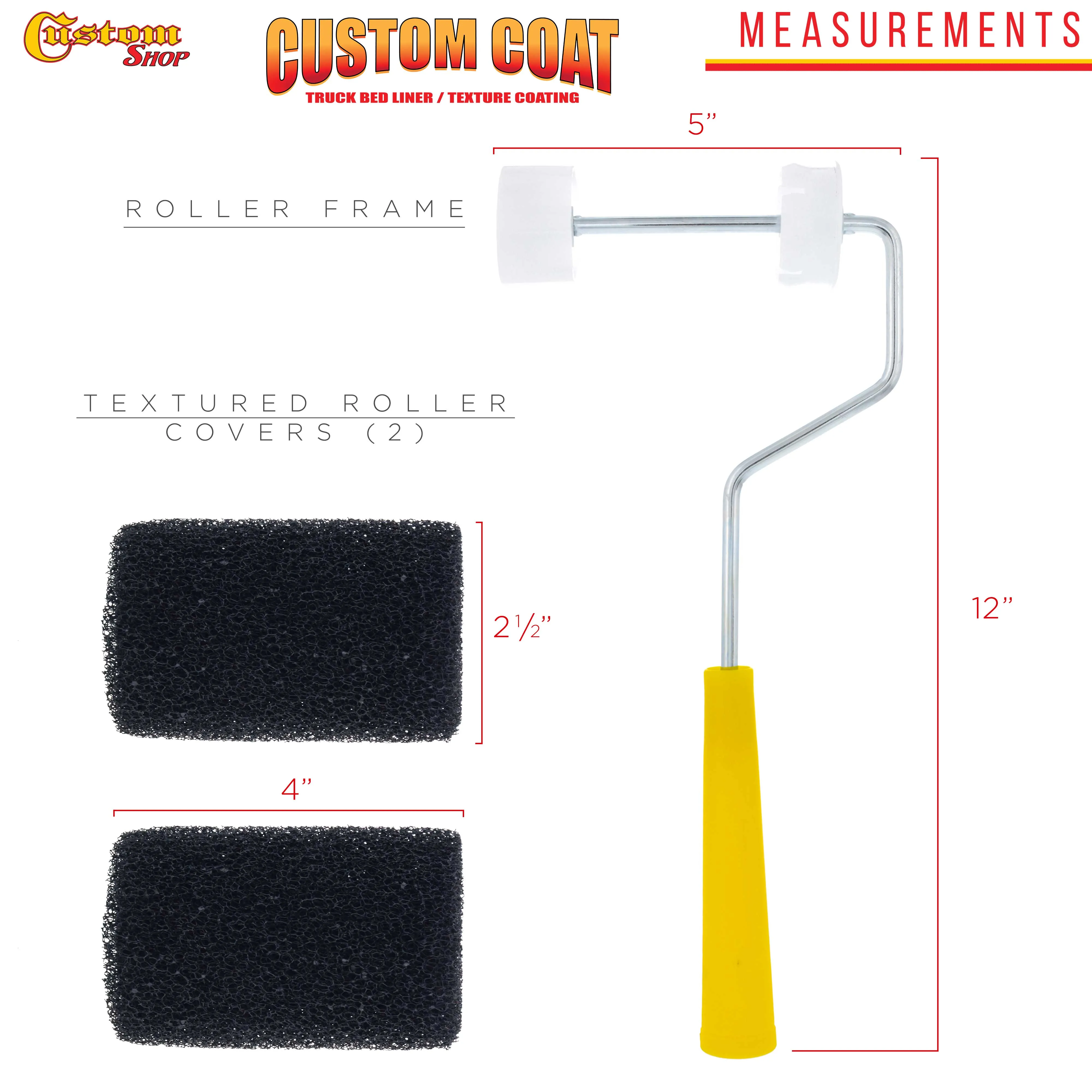 Custom Shop Paint Roller Frame with 2 - 4" x 1/4" Textured Bed Liner Roller Covers - For Roll-On Custom Coat Truck Bedliner Application