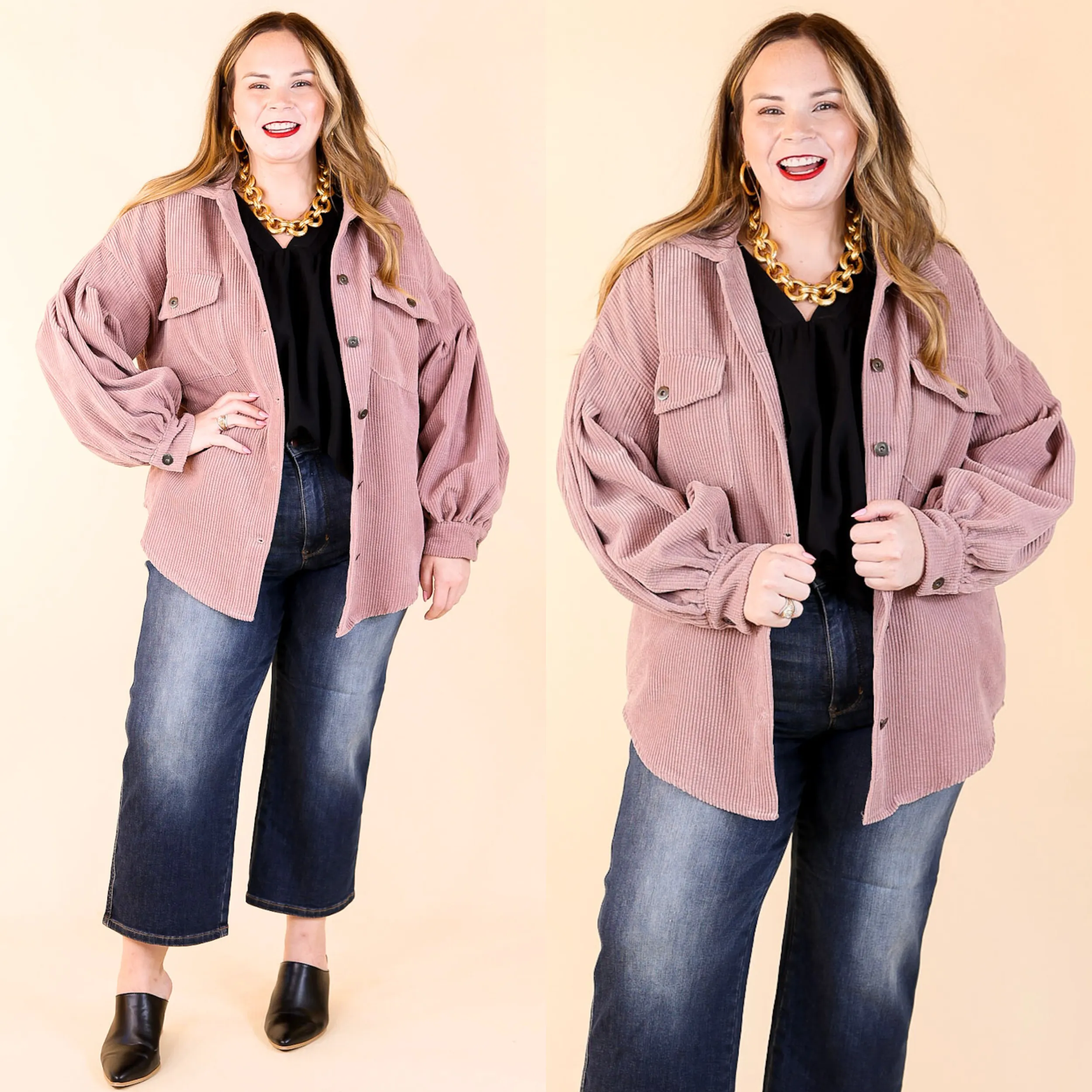 Cute Collab Button Up Corduroy Shacket with Balloon Sleeves in Mauve