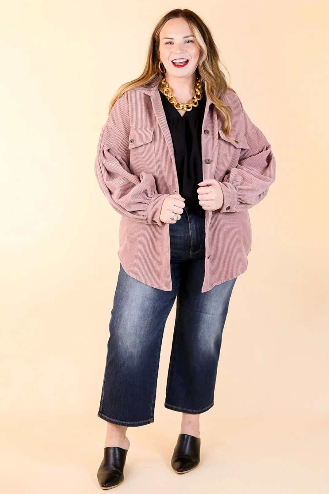 Cute Collab Button Up Corduroy Shacket with Balloon Sleeves in Mauve