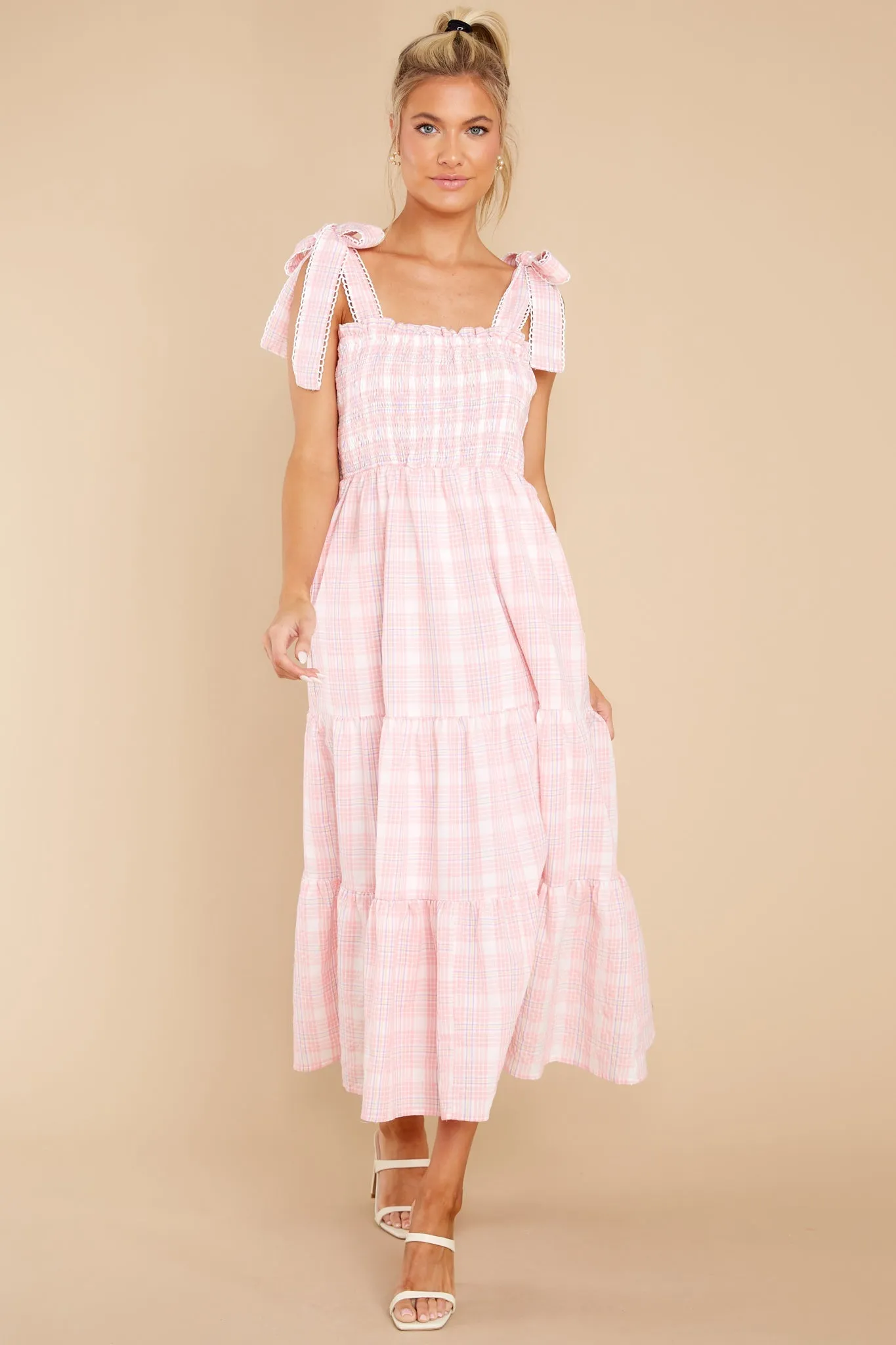 Elegant Darling Light Pink Gingham Cotton Maxi Dress