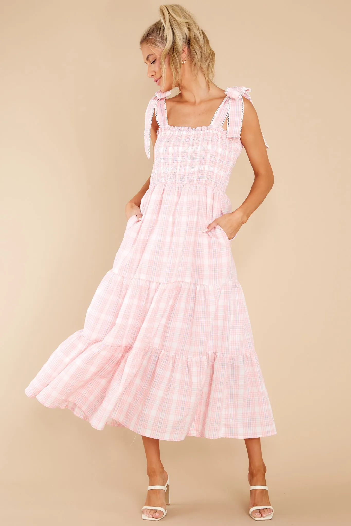 Elegant Darling Light Pink Gingham Cotton Maxi Dress