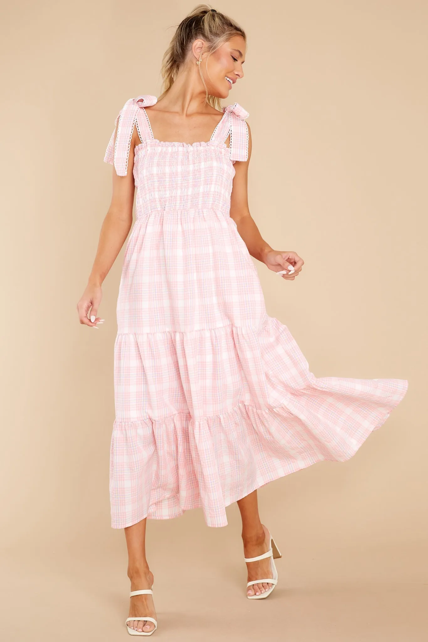 Elegant Darling Light Pink Gingham Cotton Maxi Dress