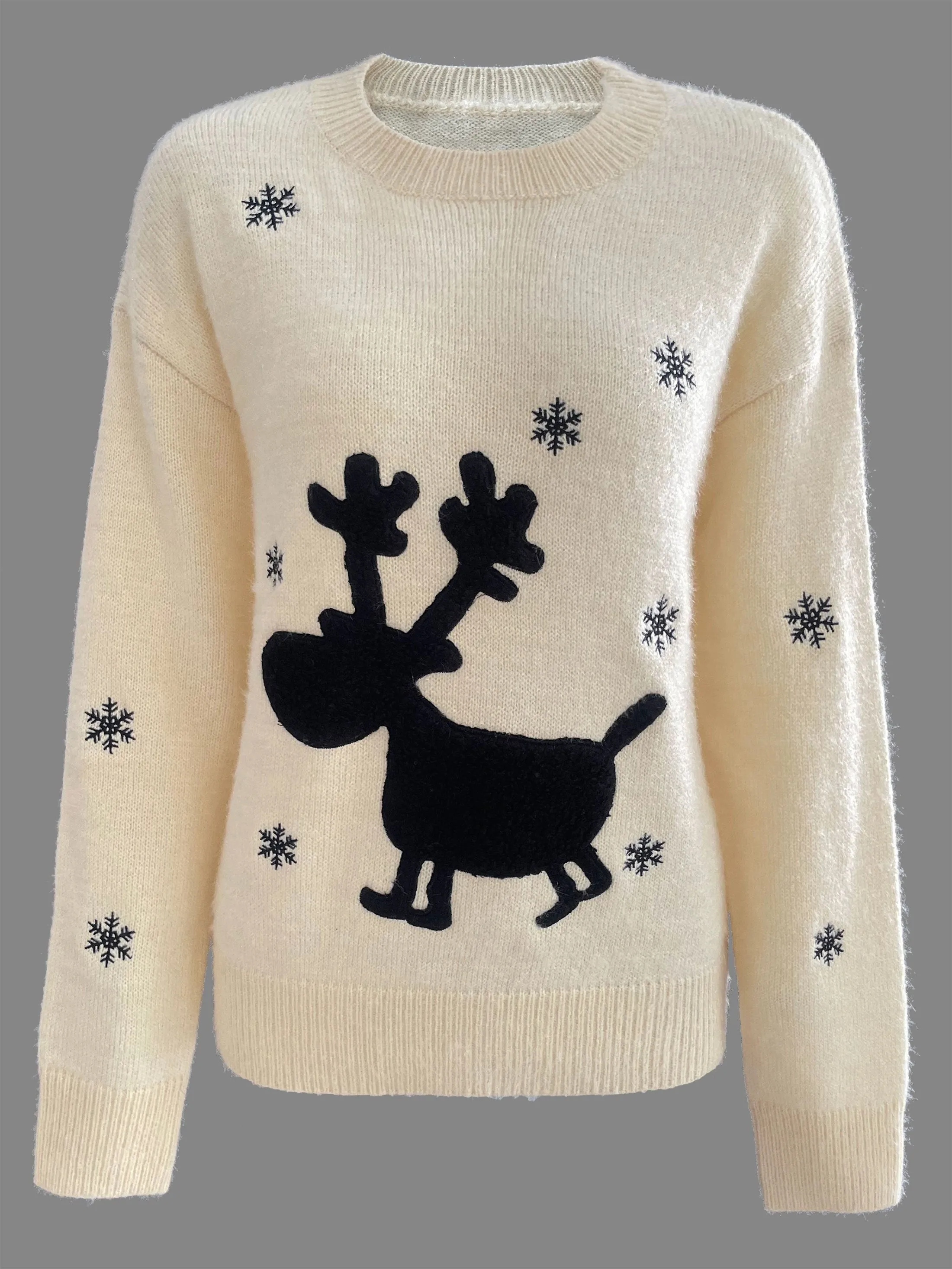 Embroidered Snowflake Crew Neck Knitted Sweater, Casual Long Sleeve Pullover Sweater, Women's Clothing