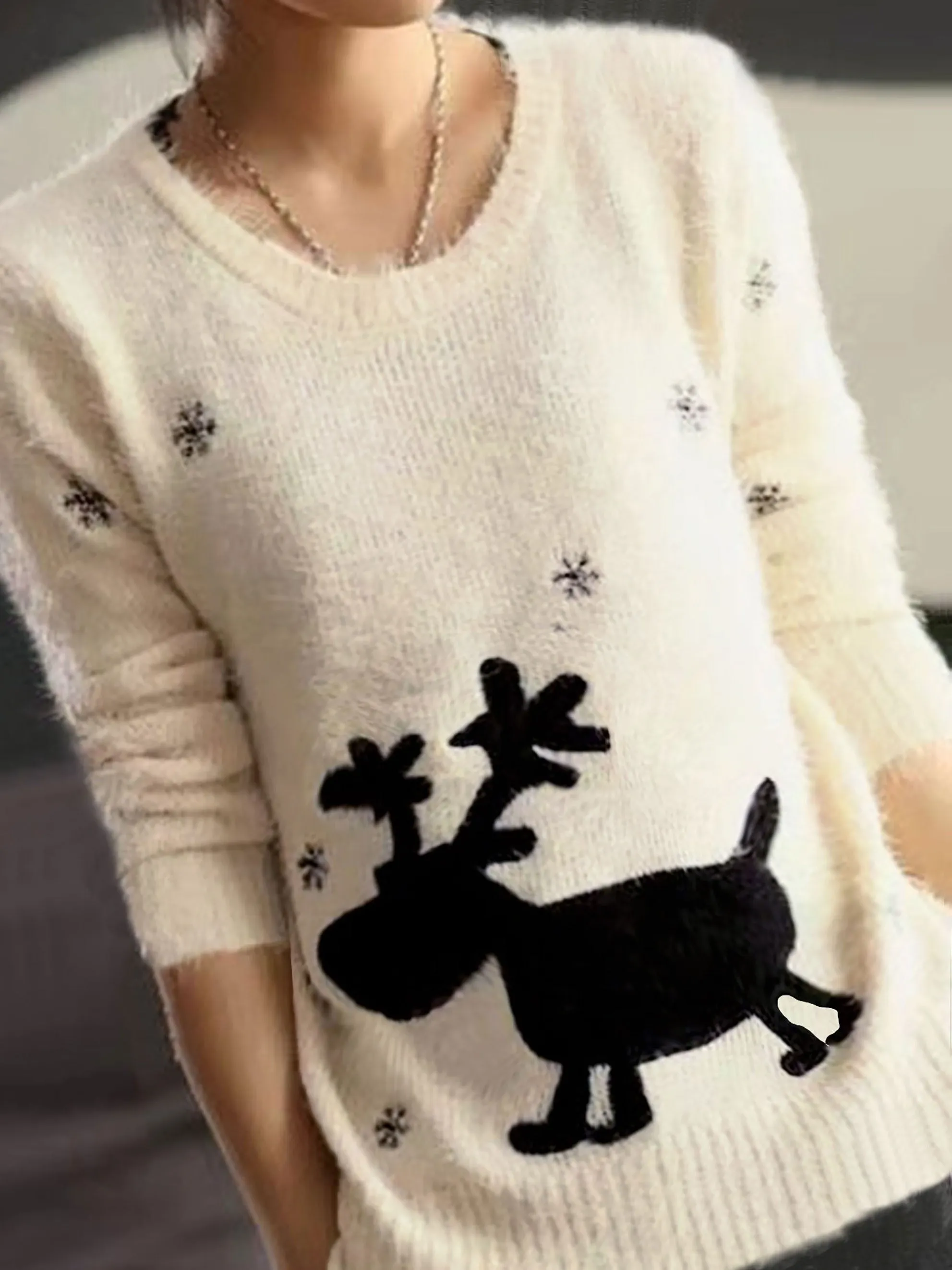 Embroidered Snowflake Crew Neck Knitted Sweater, Casual Long Sleeve Pullover Sweater, Women's Clothing