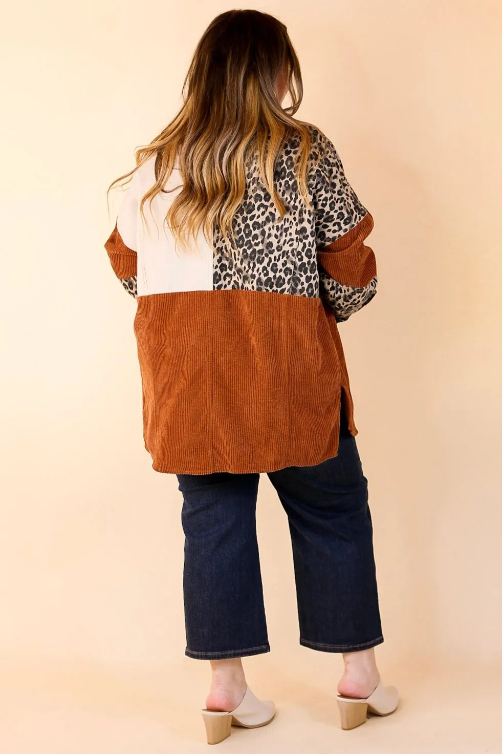 Extended Stay Print Block Button Up Shacket in Brown Mix