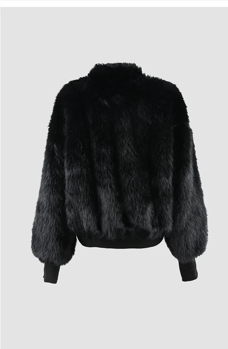 Faux Fox Fur Belt Detail Bomber Jacket